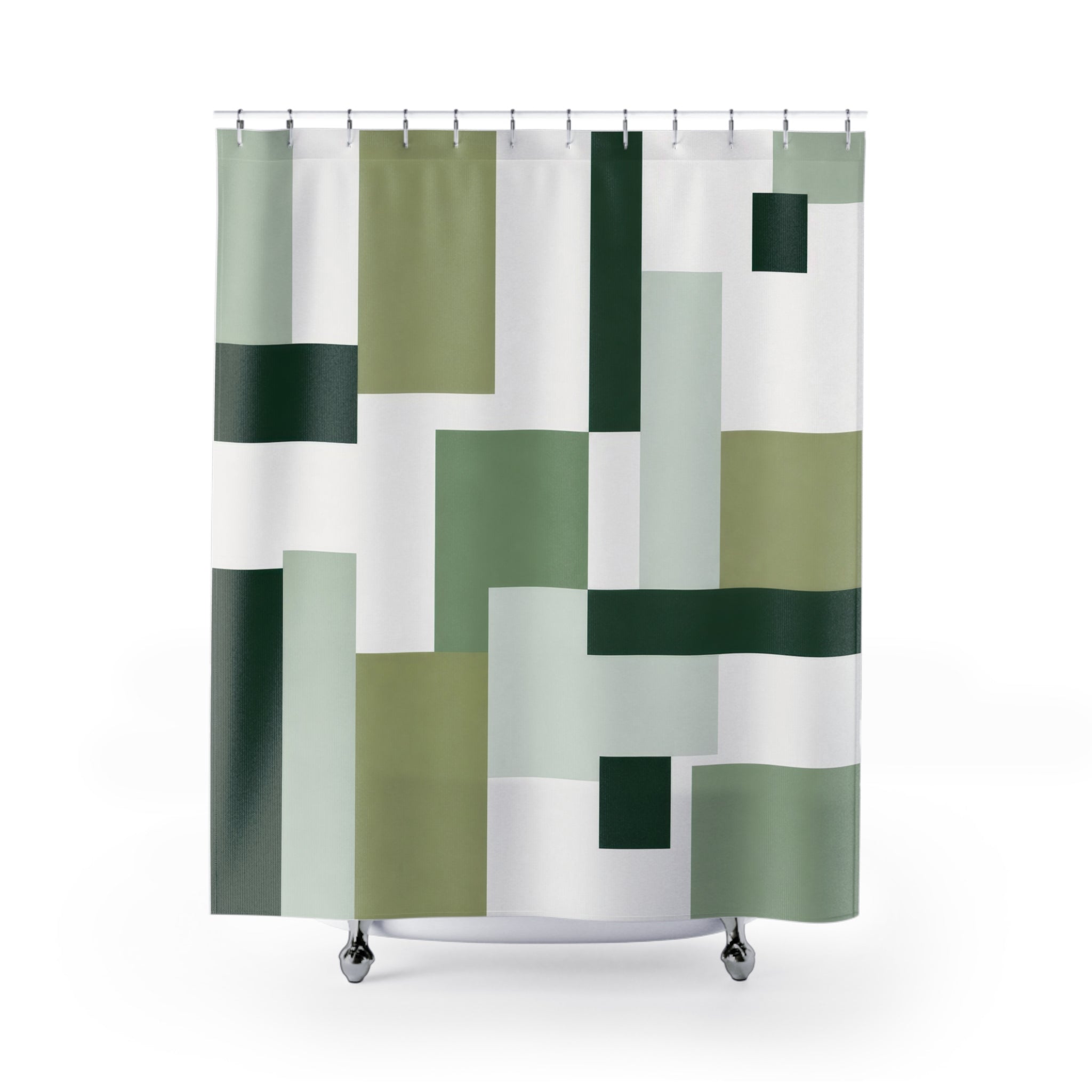 Modern Shower Curtain, Green White Geometric Bath Decor, Abstract Block Pattern, Sage Guest Bathroom Decor, Minimal Green Style Decor