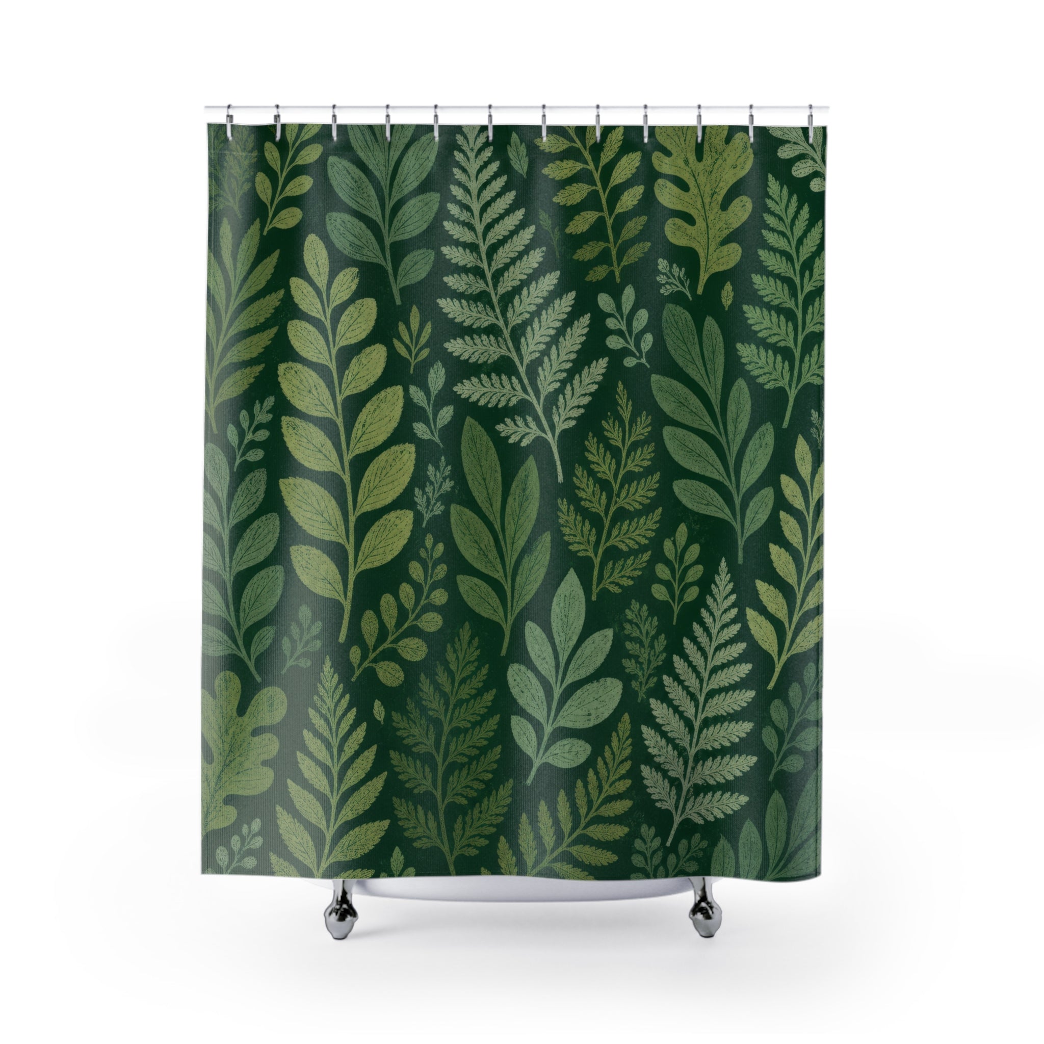 Green Boho Shower Curtain, Botanical Leaf Bath Decor, Fern Pattern, Sage Forest Guest Bathroom Decor, Natural Bohemian Style