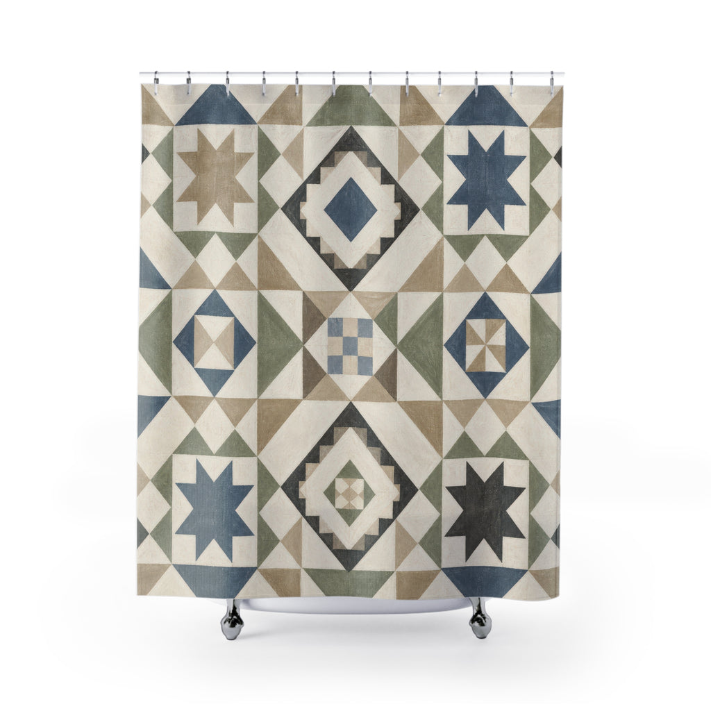 Blue Sage Quilt Star Geometric Shower Curtain