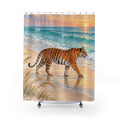 Orange tiger on golden sand beside turquoise surf shower curtain with full front view