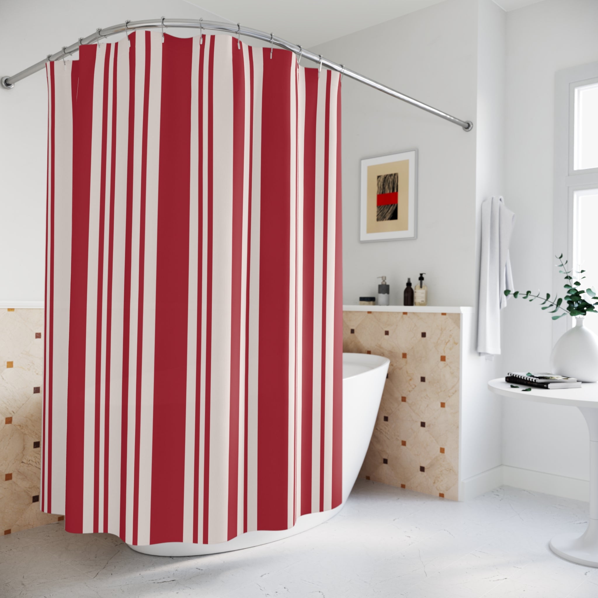 Red and White Ticking Stripe Shower Curtain