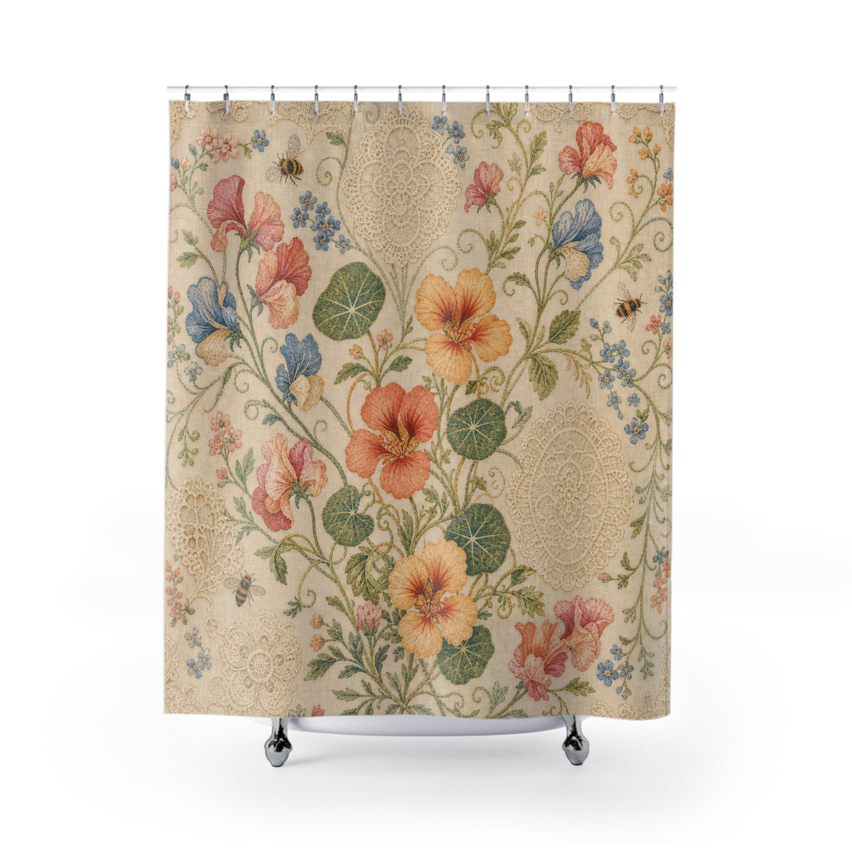 Vintage Nasturtium cream coral blue shower curtain with full front view