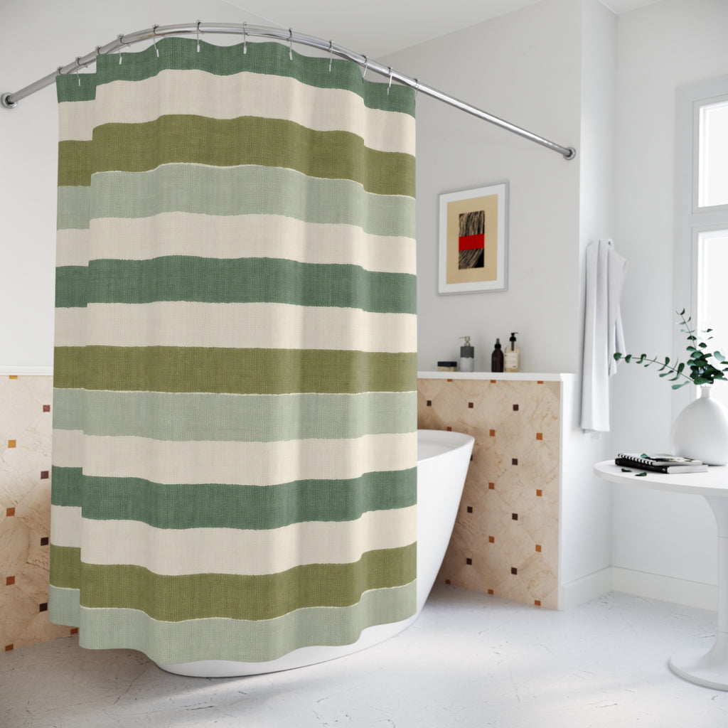 Sage Green Cream Horizontal Stripe Shower Curtain