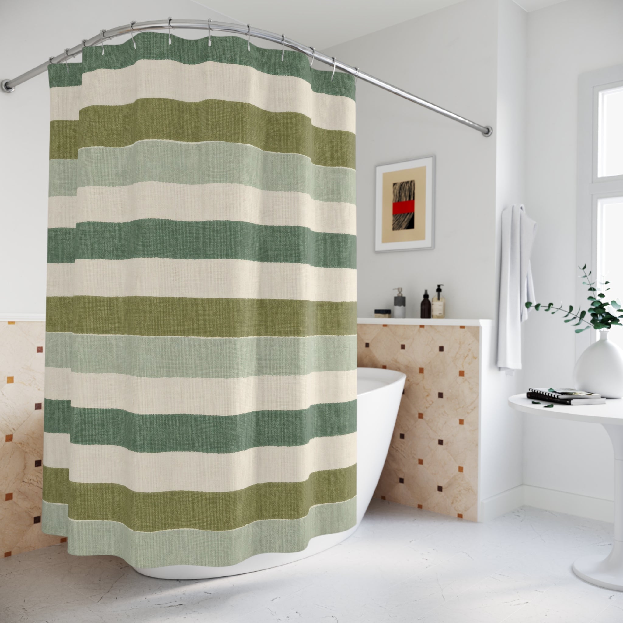 Sage Green Cream Horizontal Stripe Shower Curtain