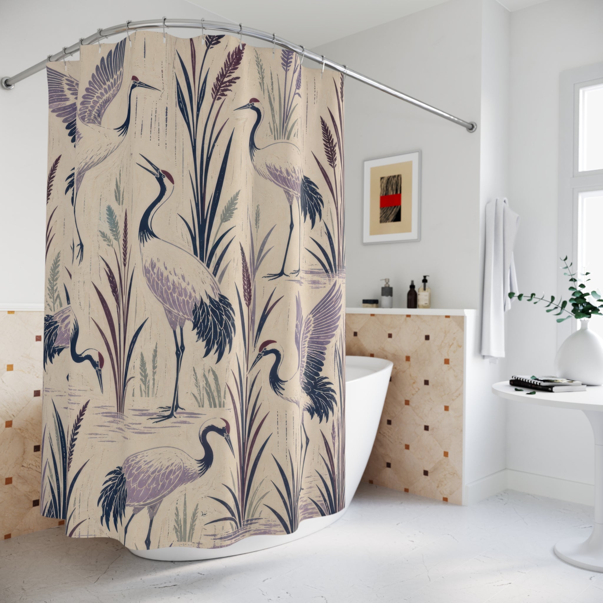 Lavender Crane Block Print Shower Curtain