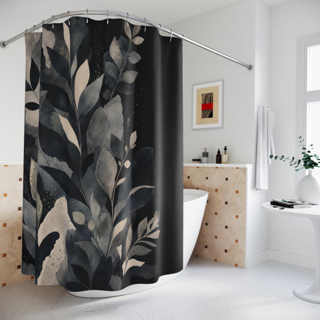Blue Green Leaf Black Botanical Shower Curtain