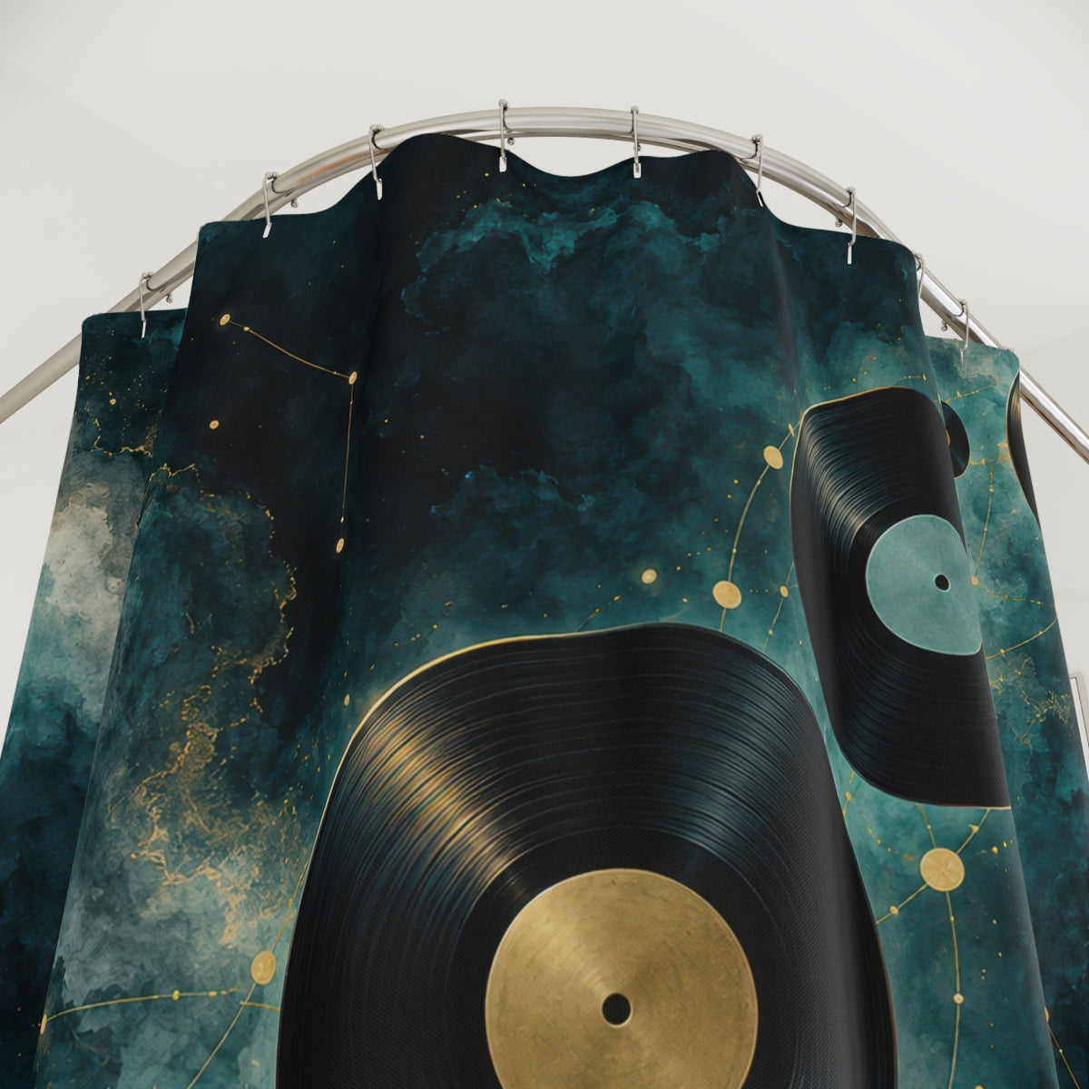 Black vinyl records across teal clouds and gold star lines shower curtain with close-up print, hooks, and folds