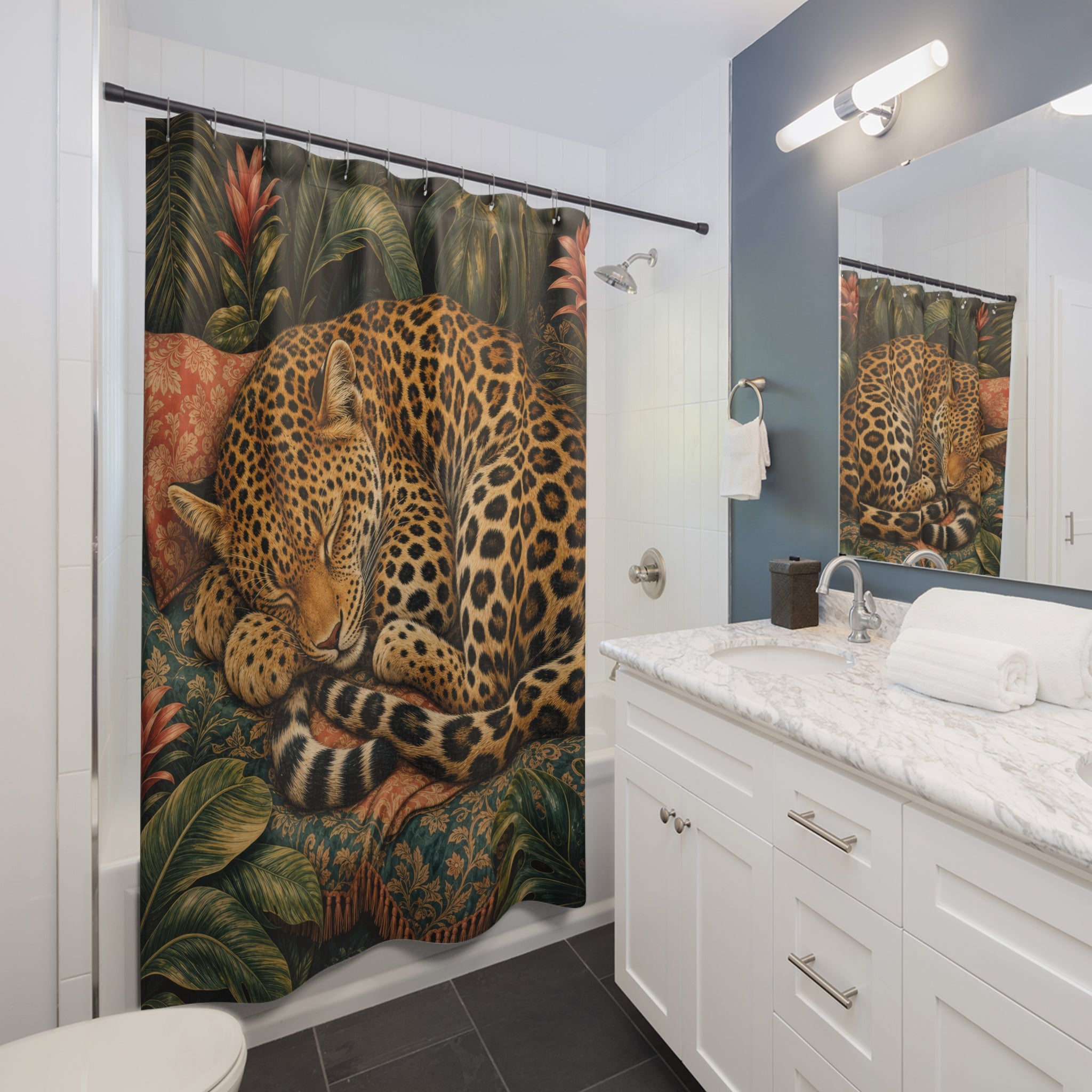 Unique Jaguar Shower Curtain, Sleeping Spotted Cat Art, Tropical Jungle Bathroom Decor, Warm Wildlife Tropical Wall Guest Bath Gift For Home