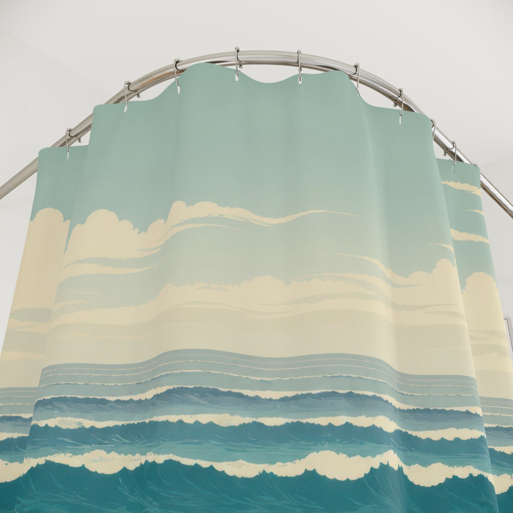 Scalloped teal ocean waves with cream foam shower curtain with close-up print, hooks, and folds