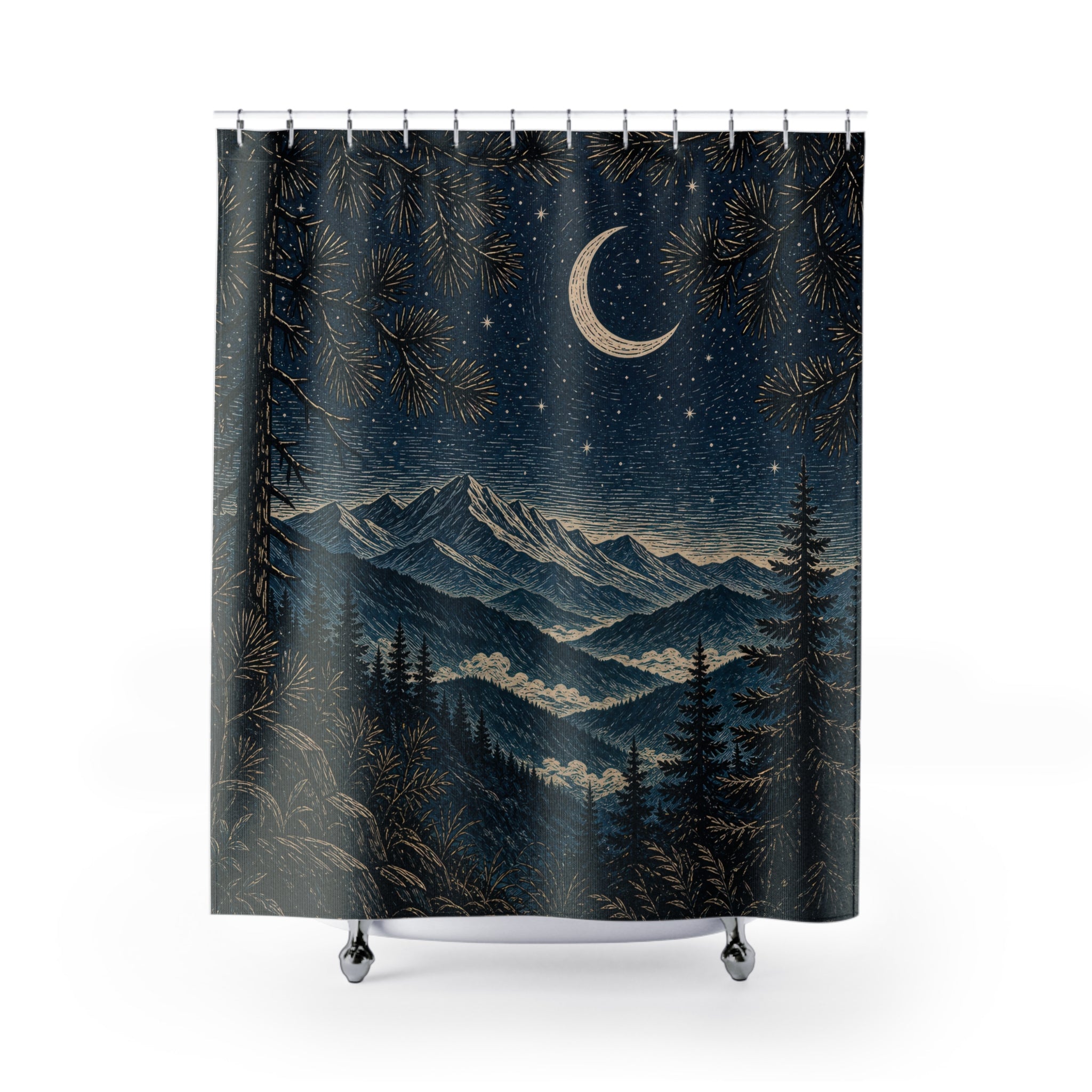 Linocut Moonlit Pine Ridge Shower Curtain