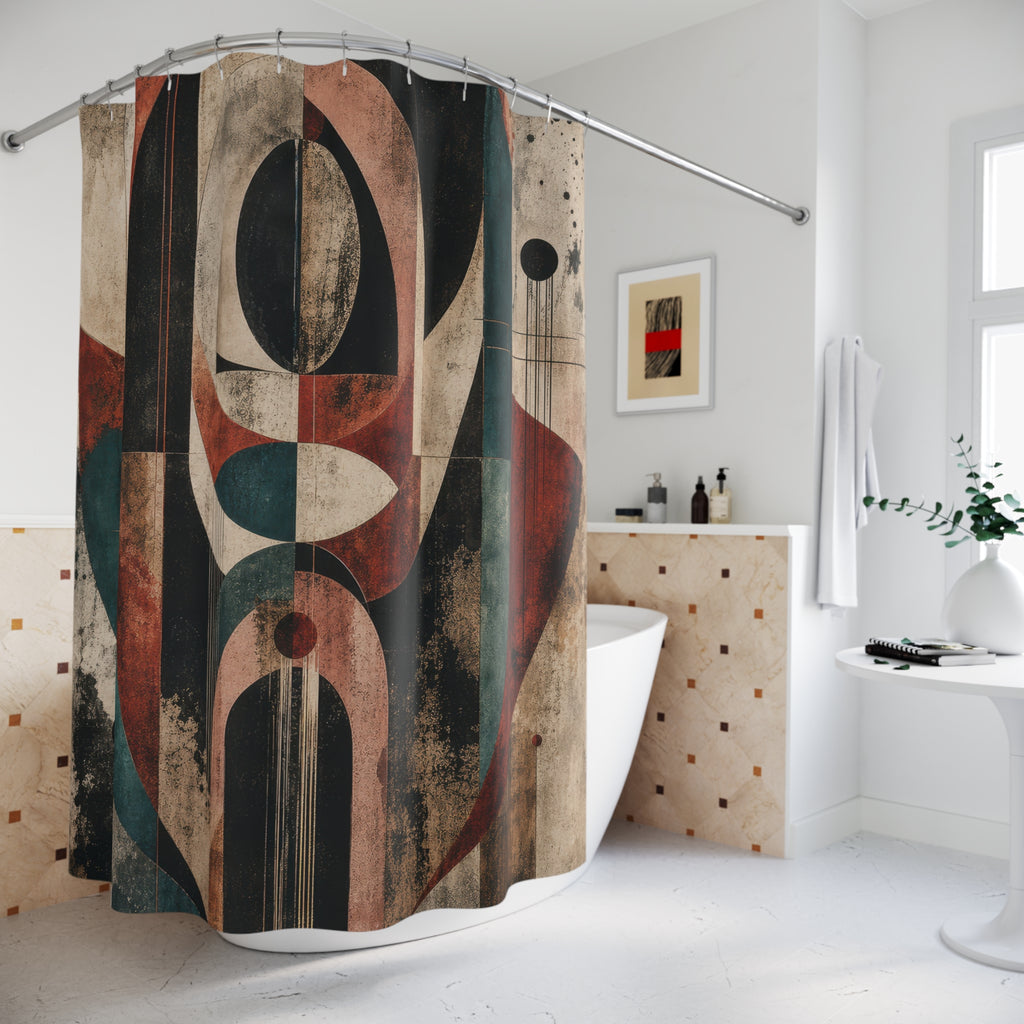 Geometric Shower Curtain, Art Deco Inspired Abstract Face, Rust Teal Black Bathroom Decor, Modern Graphic Bath Art, Boho Guest Bath