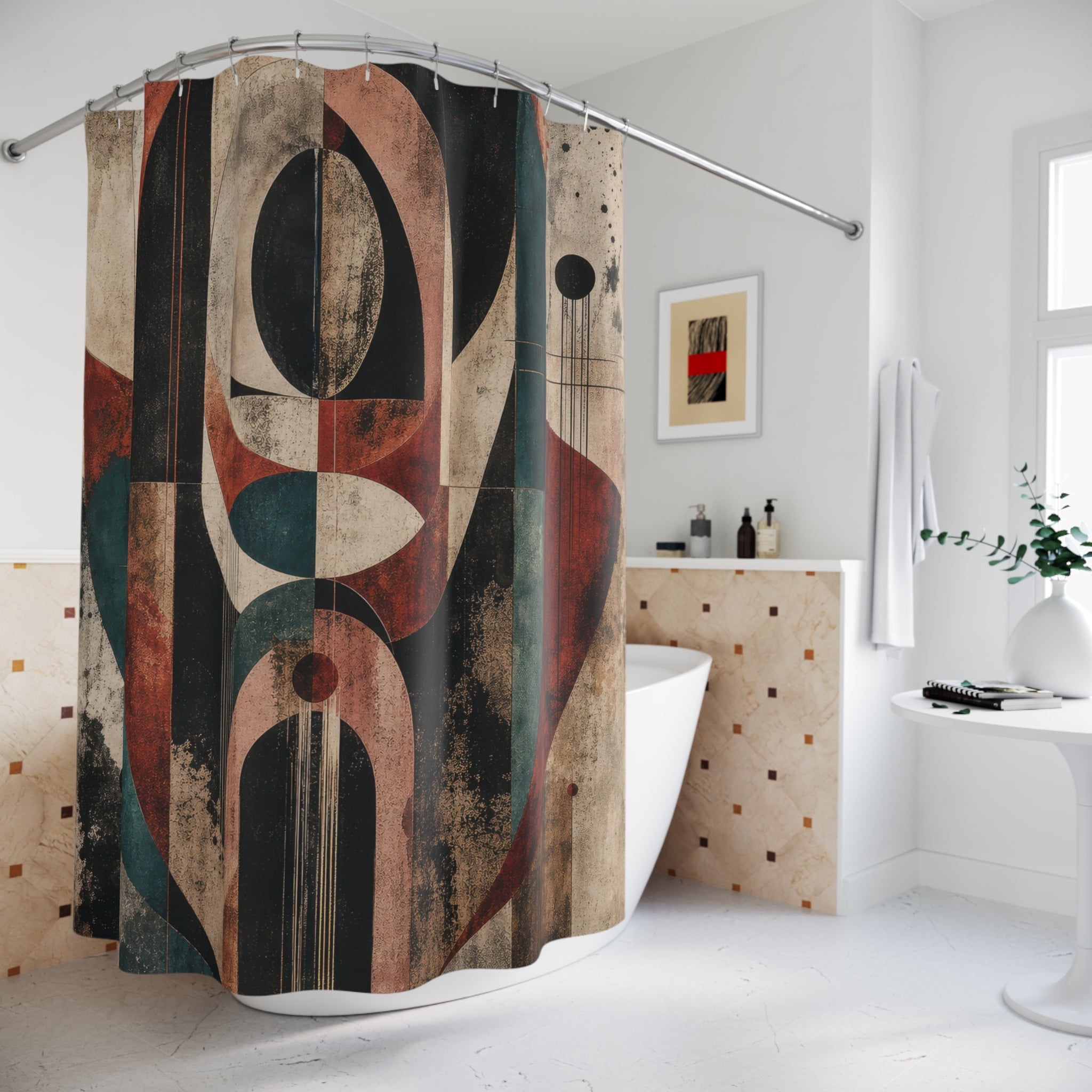 Geometric Shower Curtain, Art Deco Inspired Abstract Face, Rust Teal Black Bathroom Decor, Modern Graphic Bath Art, Boho Guest Bath