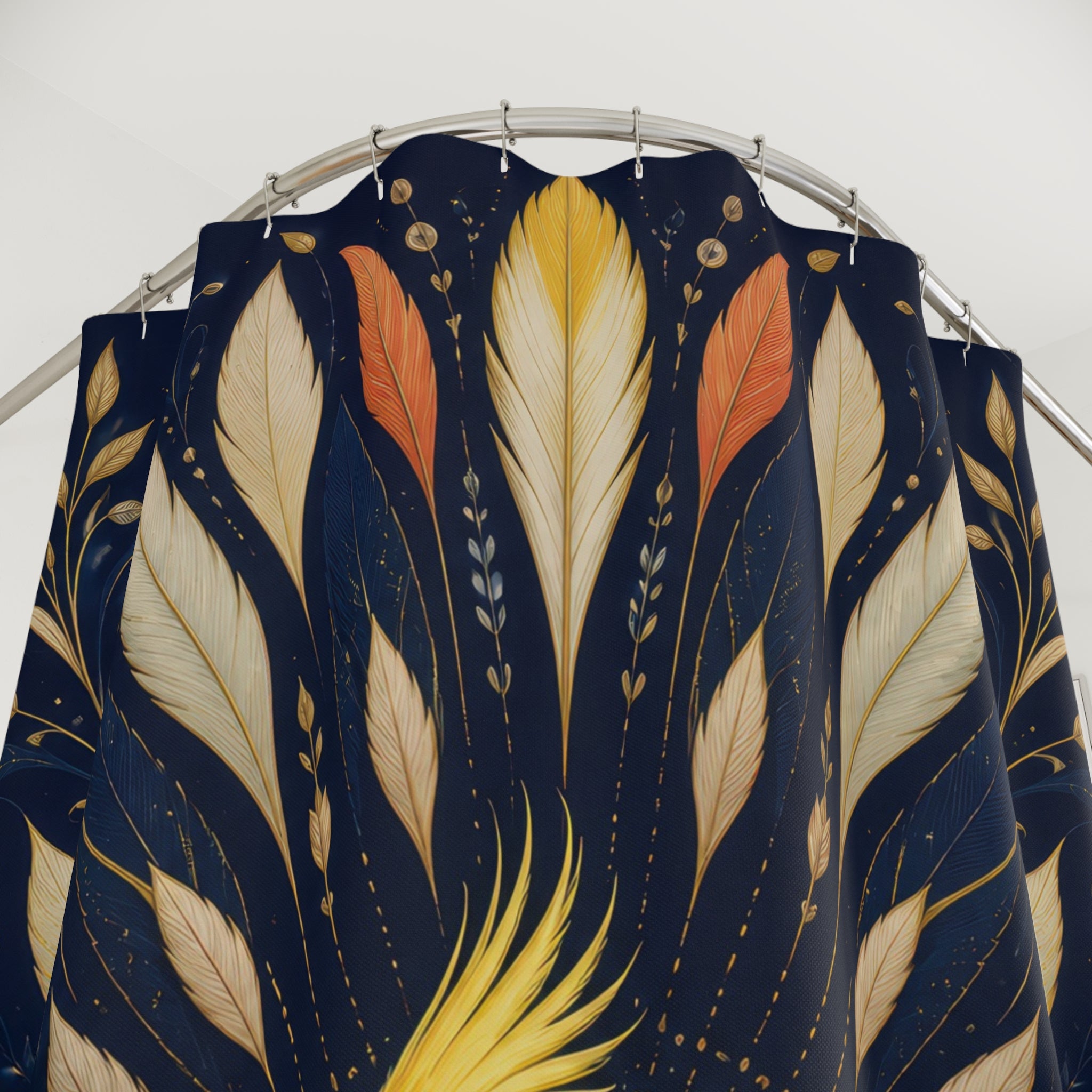 Close-up of Yellow crested cockatiel in a navy feather sunburst shower curtain with hooks and folds