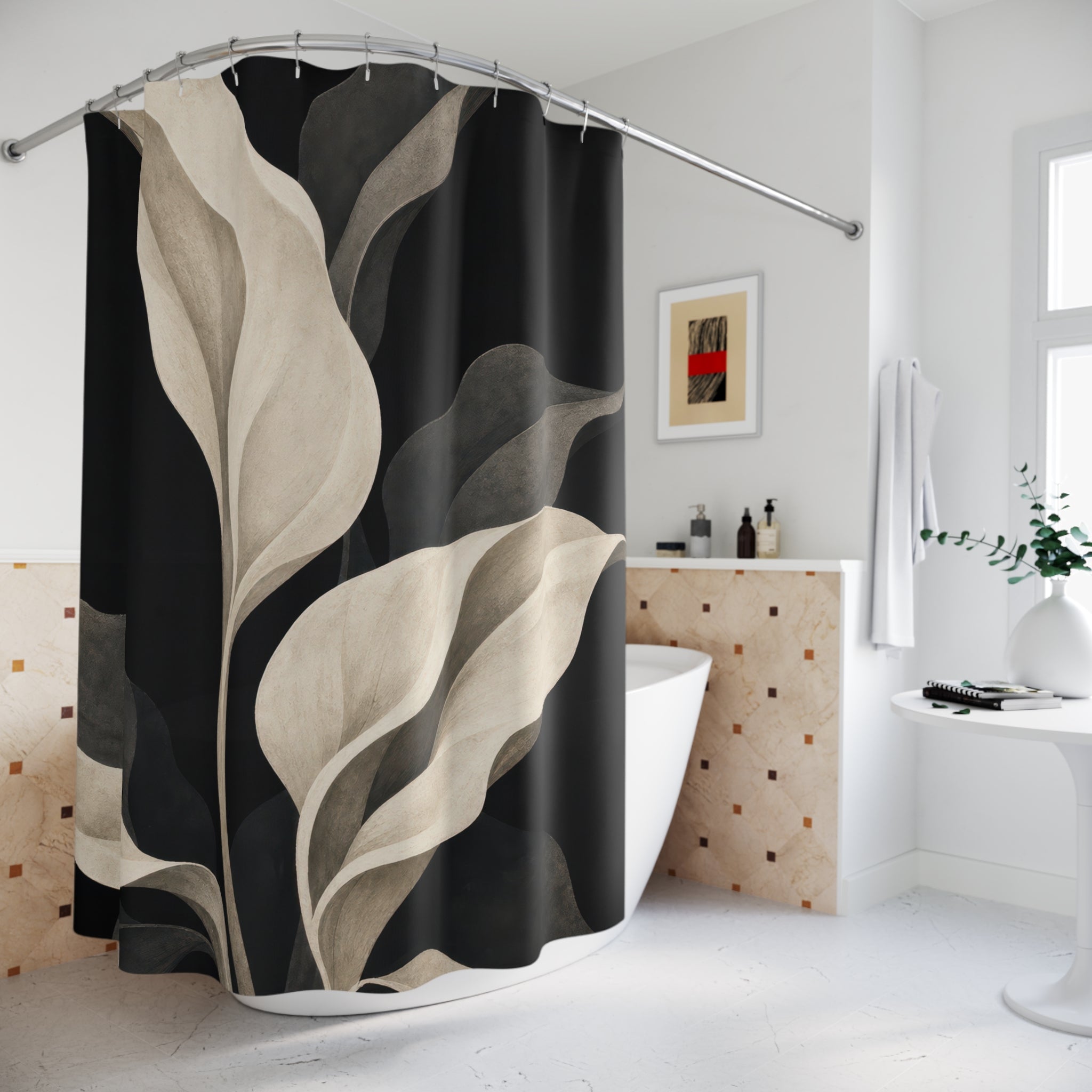 Cream Calla Leaf Black Floral Shower Curtain