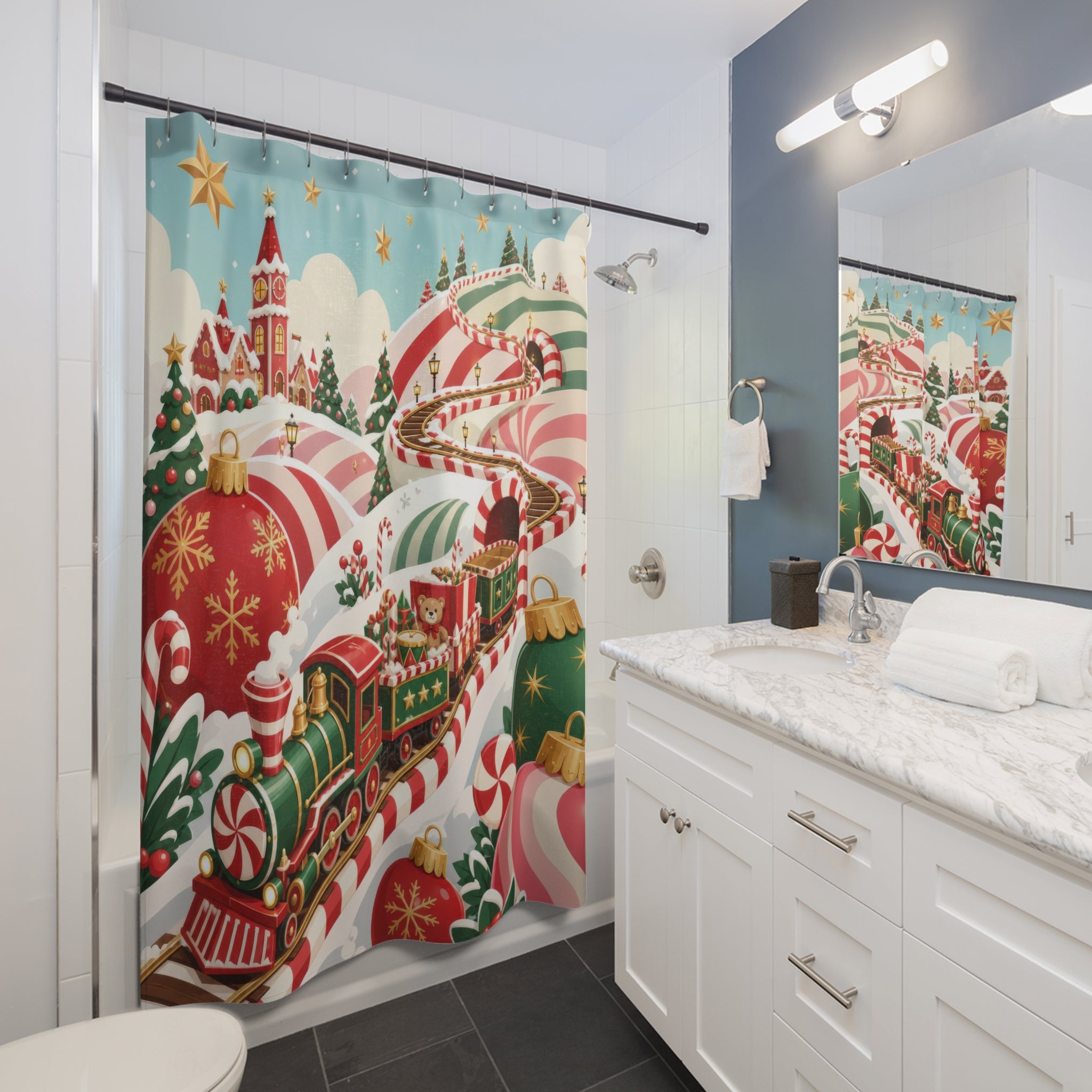 Toy train crossing peppermint-striped Christmas hills shower curtain beside a white vanity