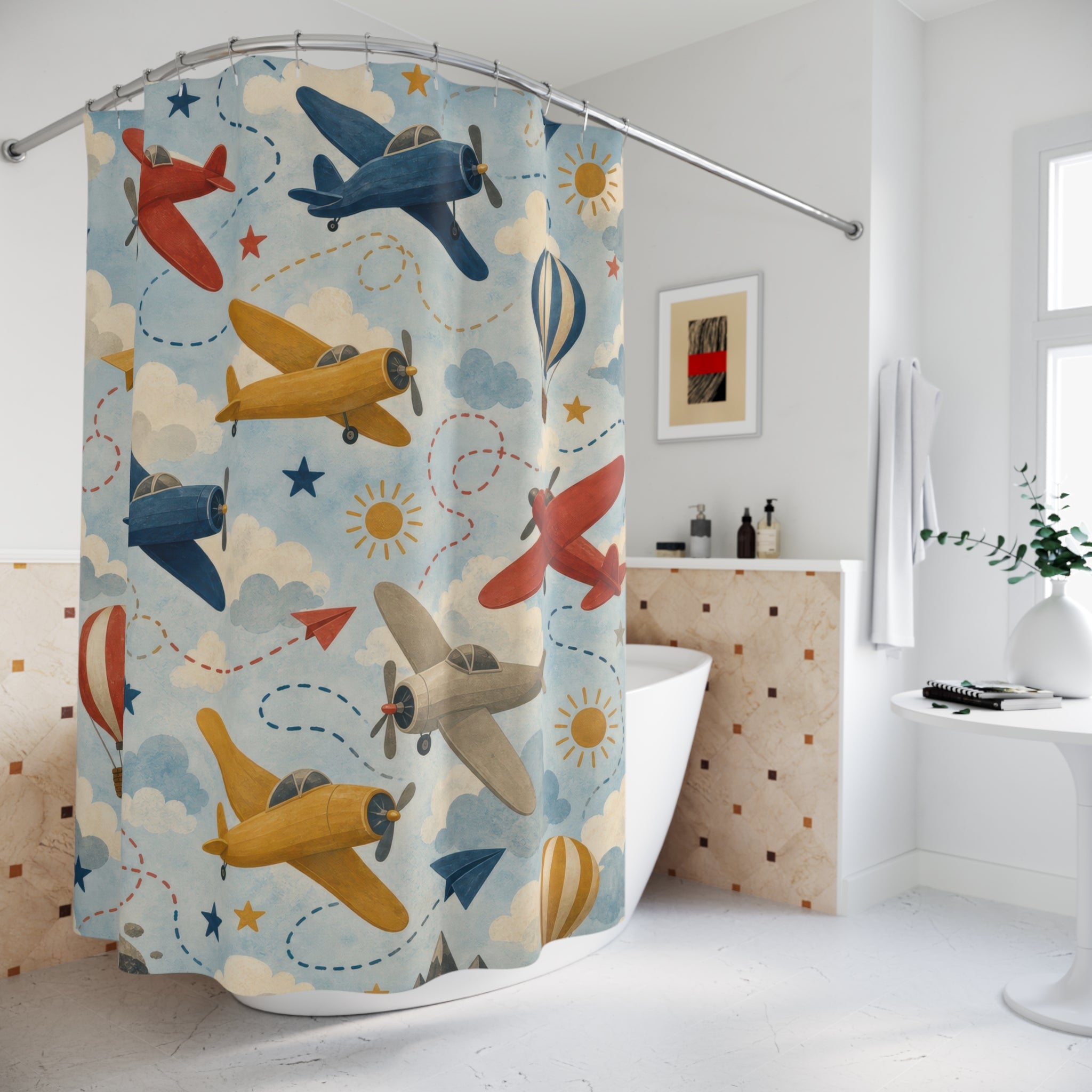 Airplane Shower Curtain, Sky Blue Kids Bathroom Decor, Plane Pattern Bath Curtain, Boys Bathroom Decor, Travel Theme, Bath Decor, Guest Bath