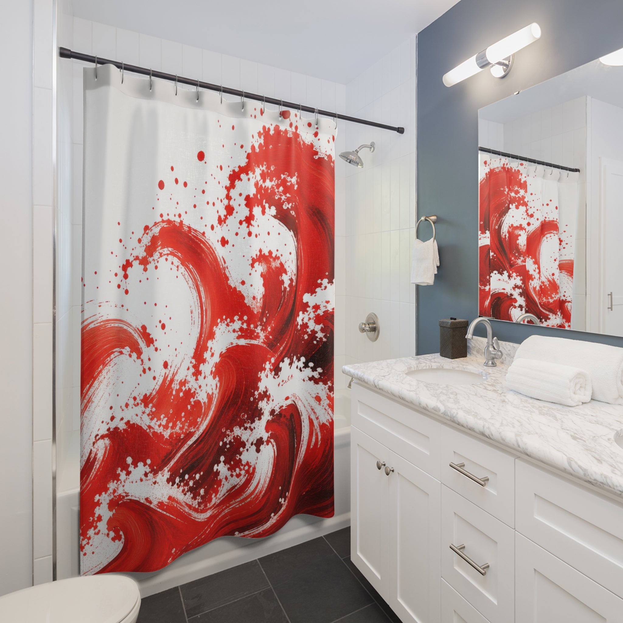 Red White Brushstroke Waves Shower Curtain