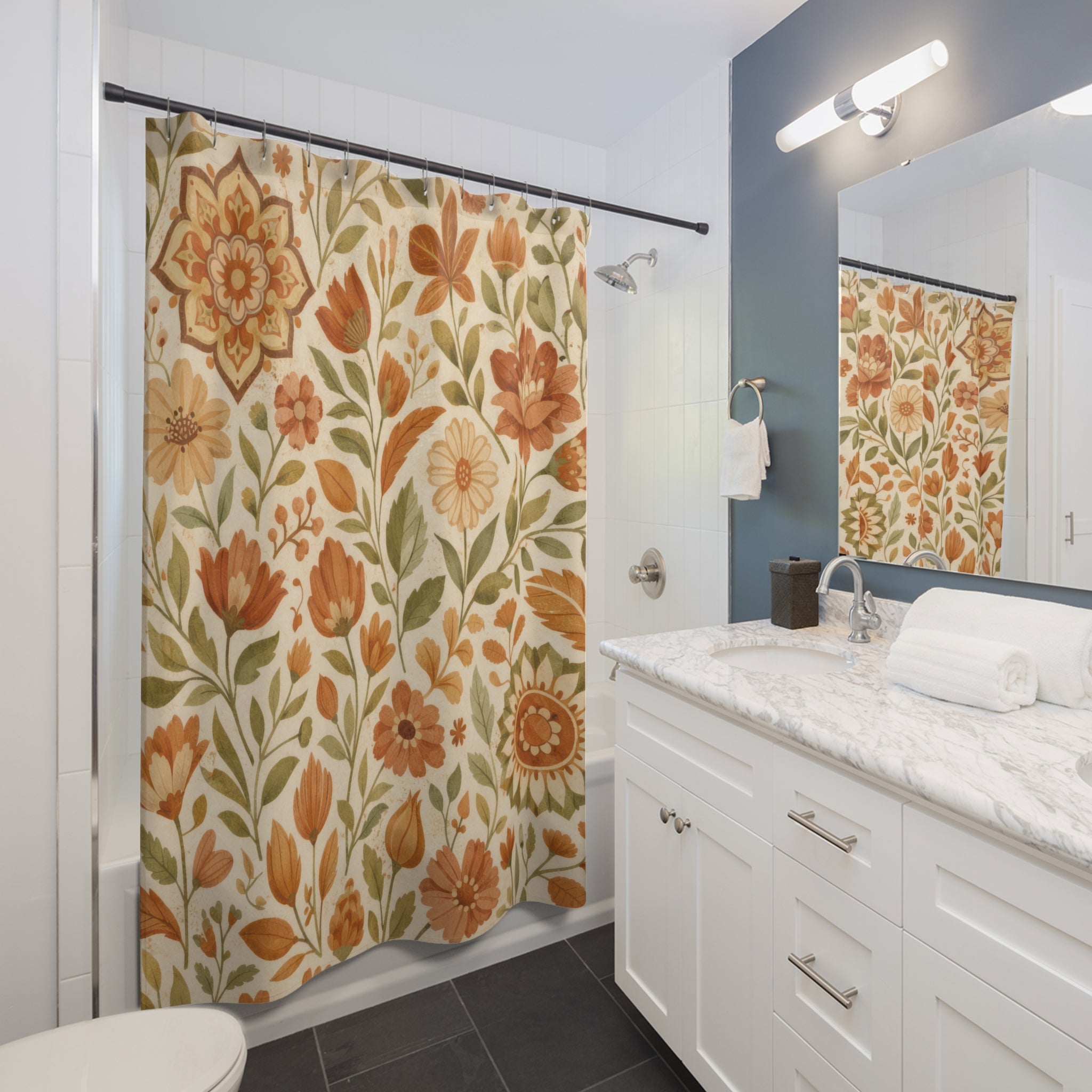 Boho Wildflower Shower Curtain – Terracotta and Sage