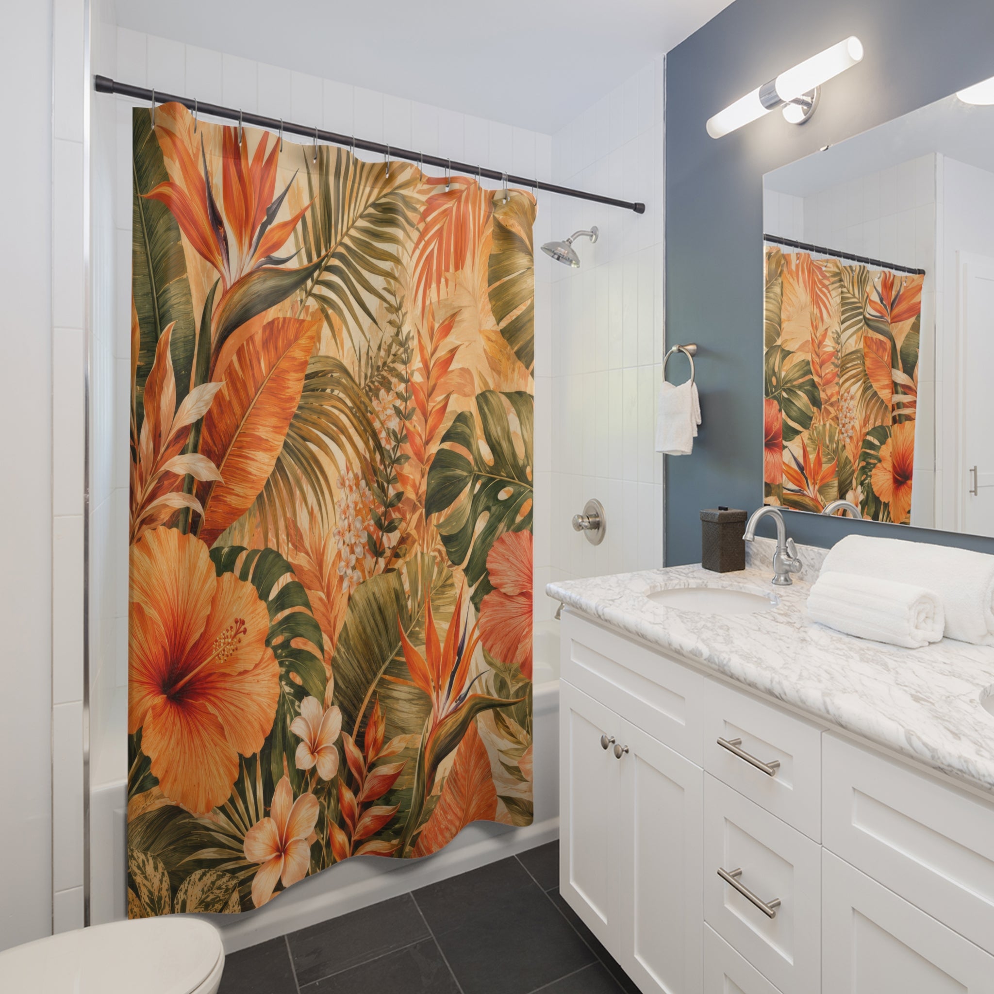 Orange Tropical Shower Curtain: Hibiscus Palm Leaf