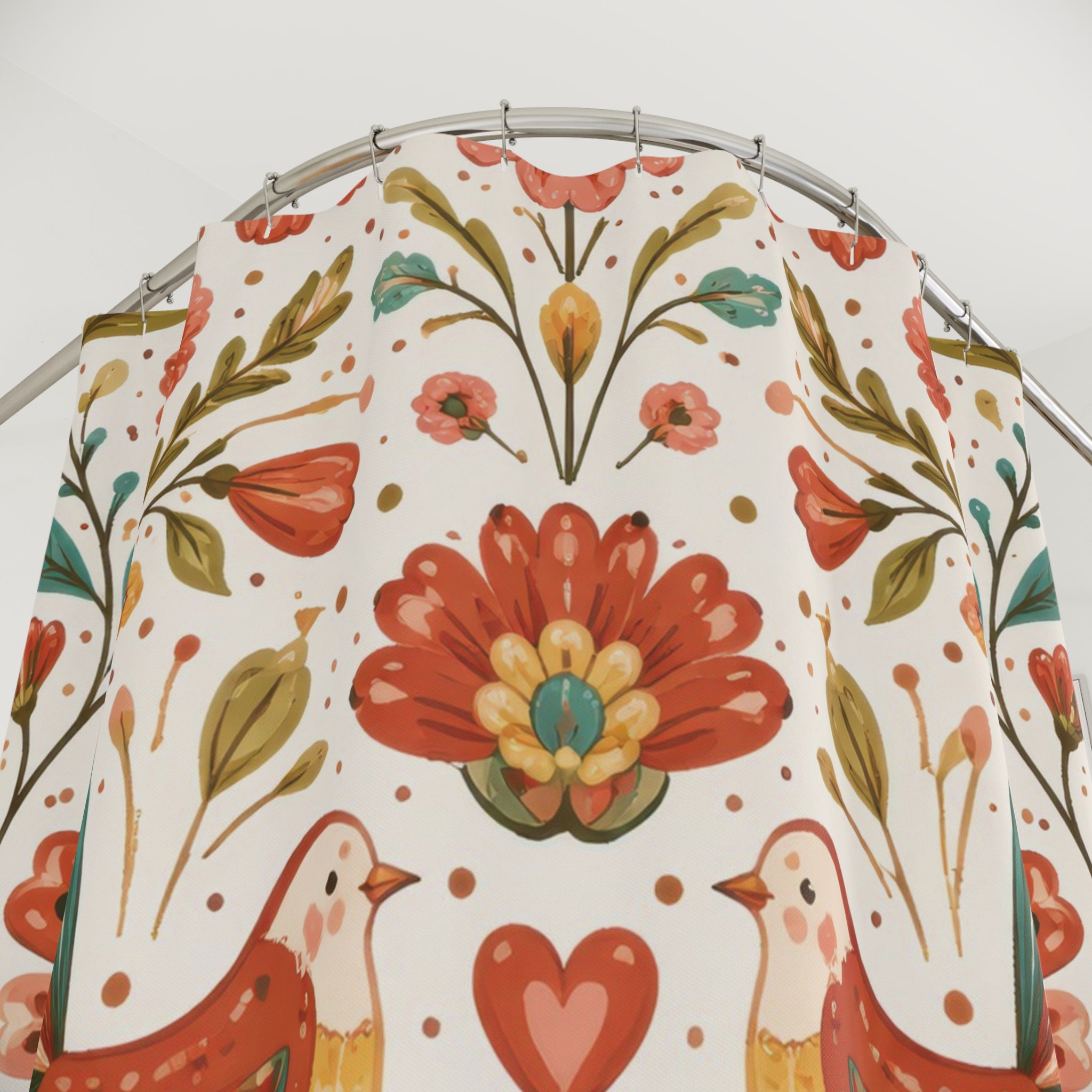 Folk Art Bird Shower Curtain – Teal and Terracotta