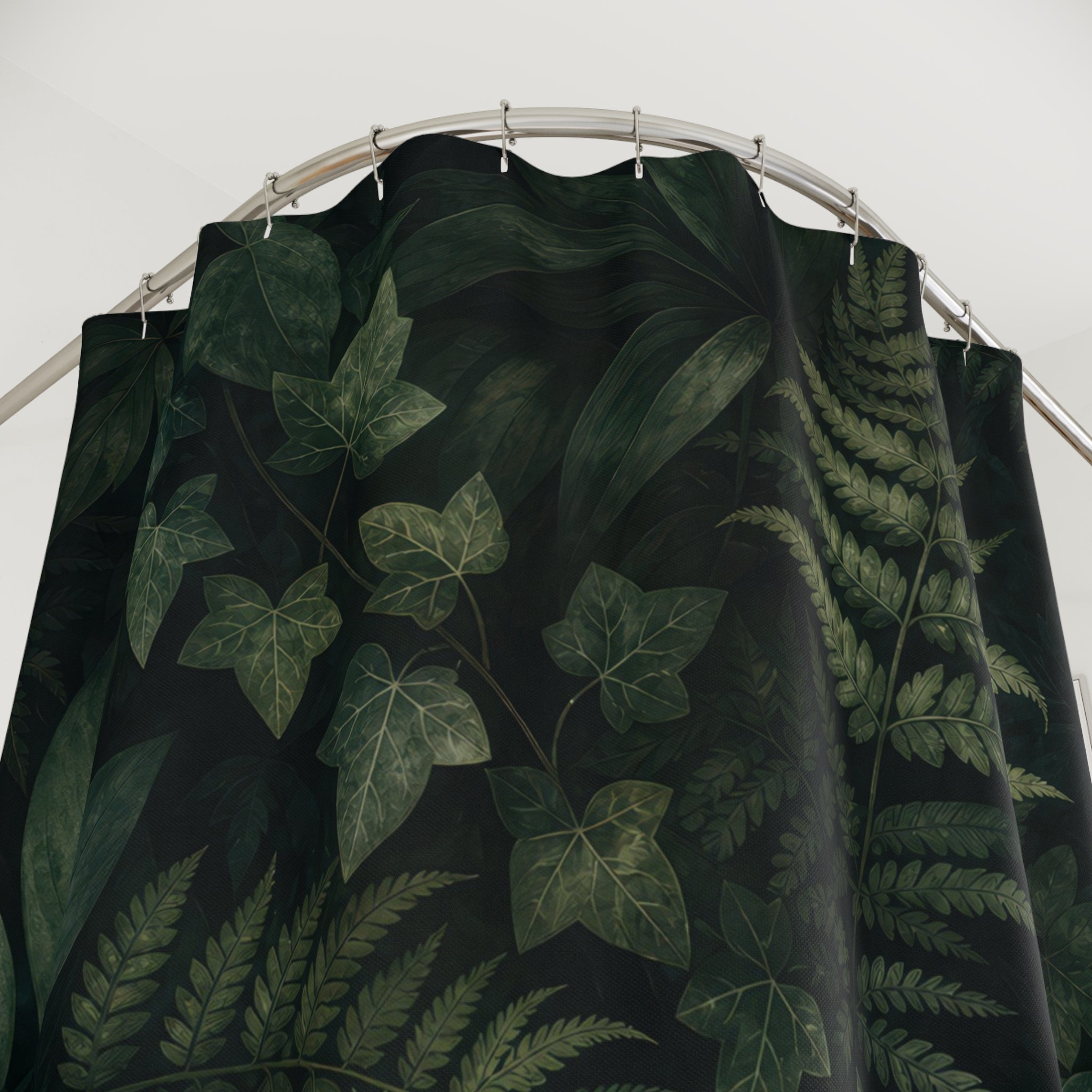 Dark Green Shower Curtain, Fern Forest Leaf Pattern, Moody Botanical Bath Decor, Deep Woodland Guest Bathroom Accent, Luxe Green Bath