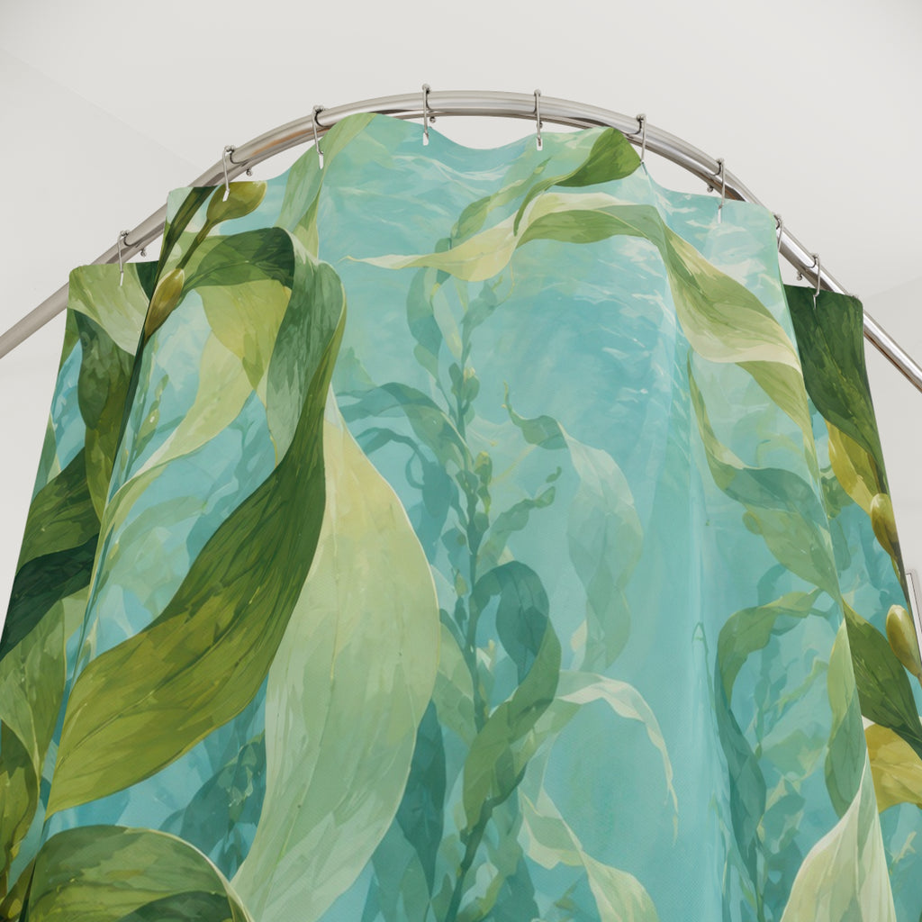 Green kelp in pale aqua water shower curtain with close-up print, hooks, and folds