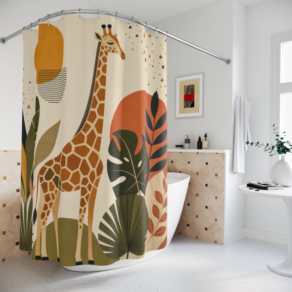 Modern Safari Animal giraffe pattern shower curtain beside a freestanding tub