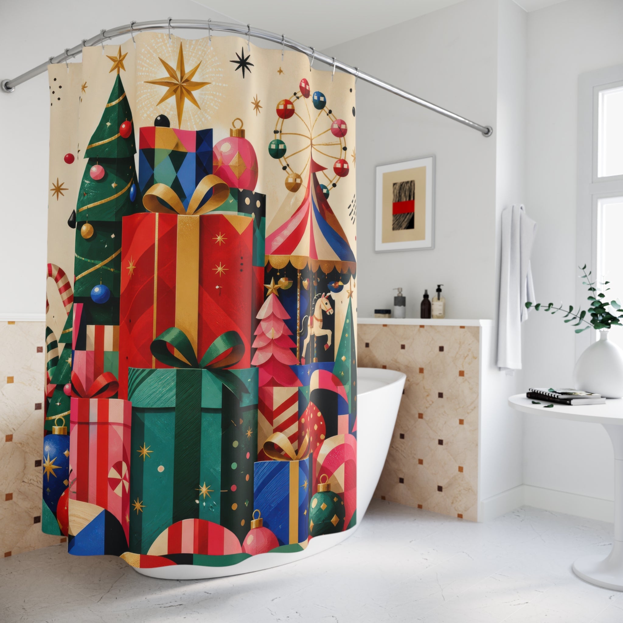 Geometric Christmas gifts with tree and carousel shower curtain beside a freestanding tub