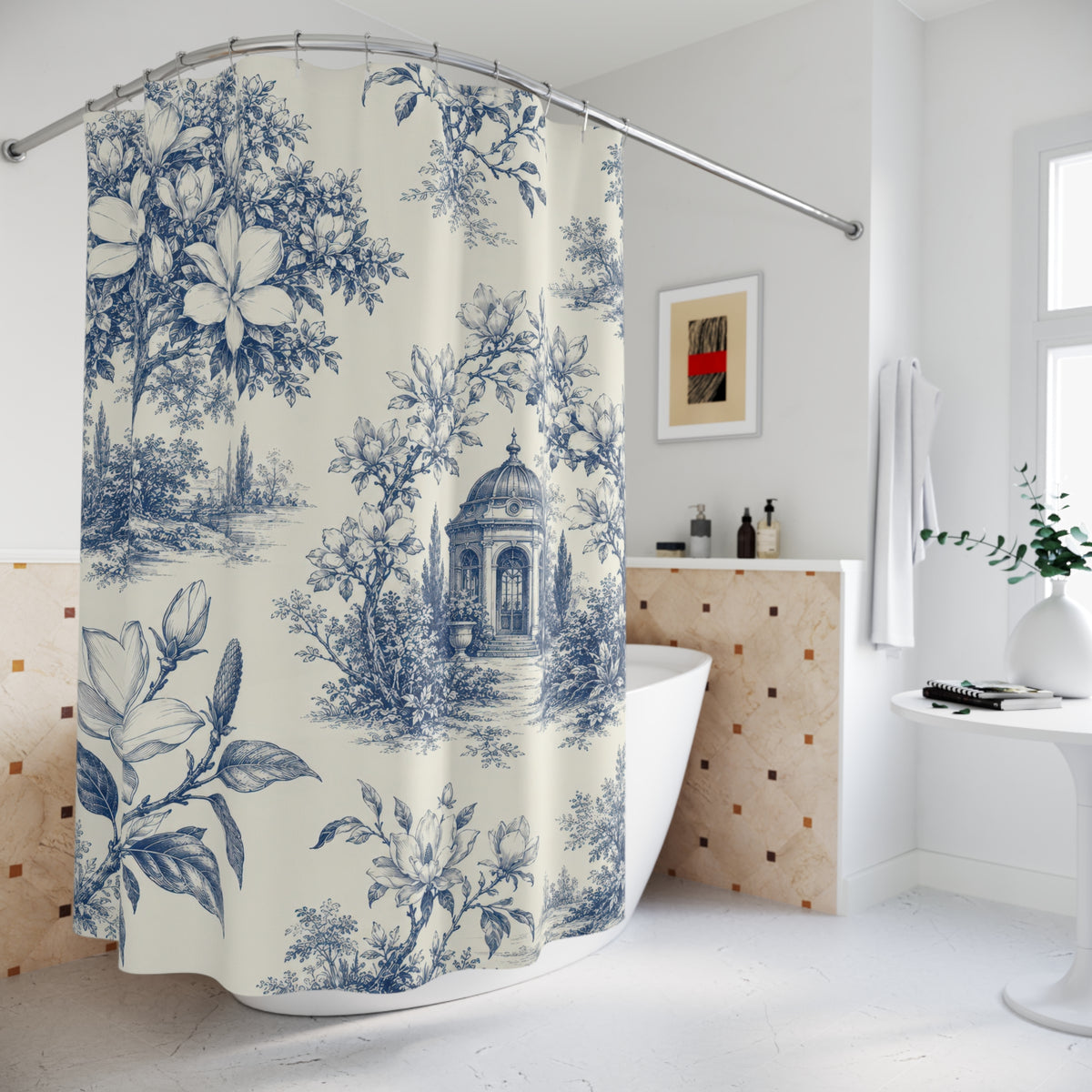 Blue and ivory magnolia garden toile with pavilion shower curtain beside a freestanding tub