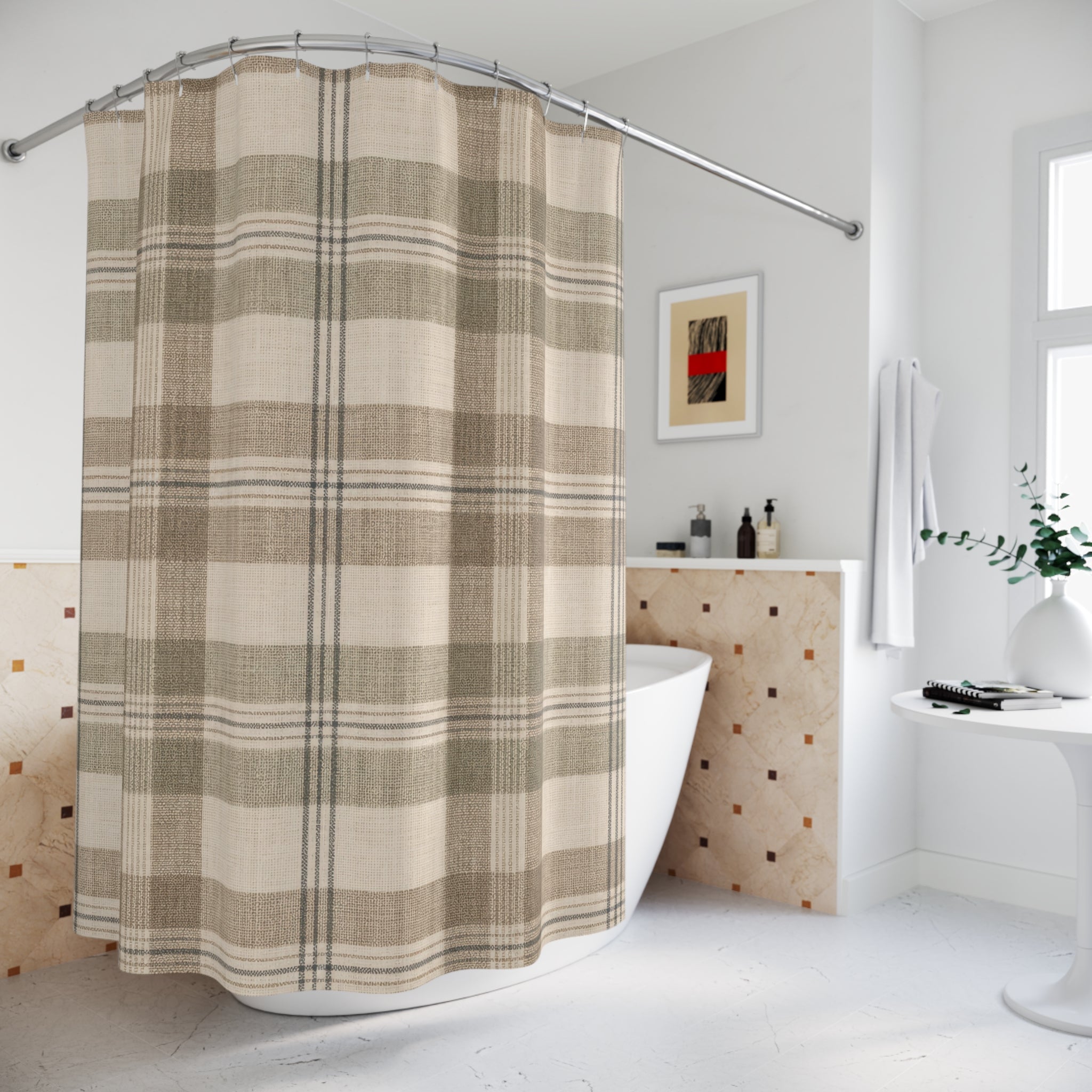 Mushroom Sage Plaid Shower Curtain