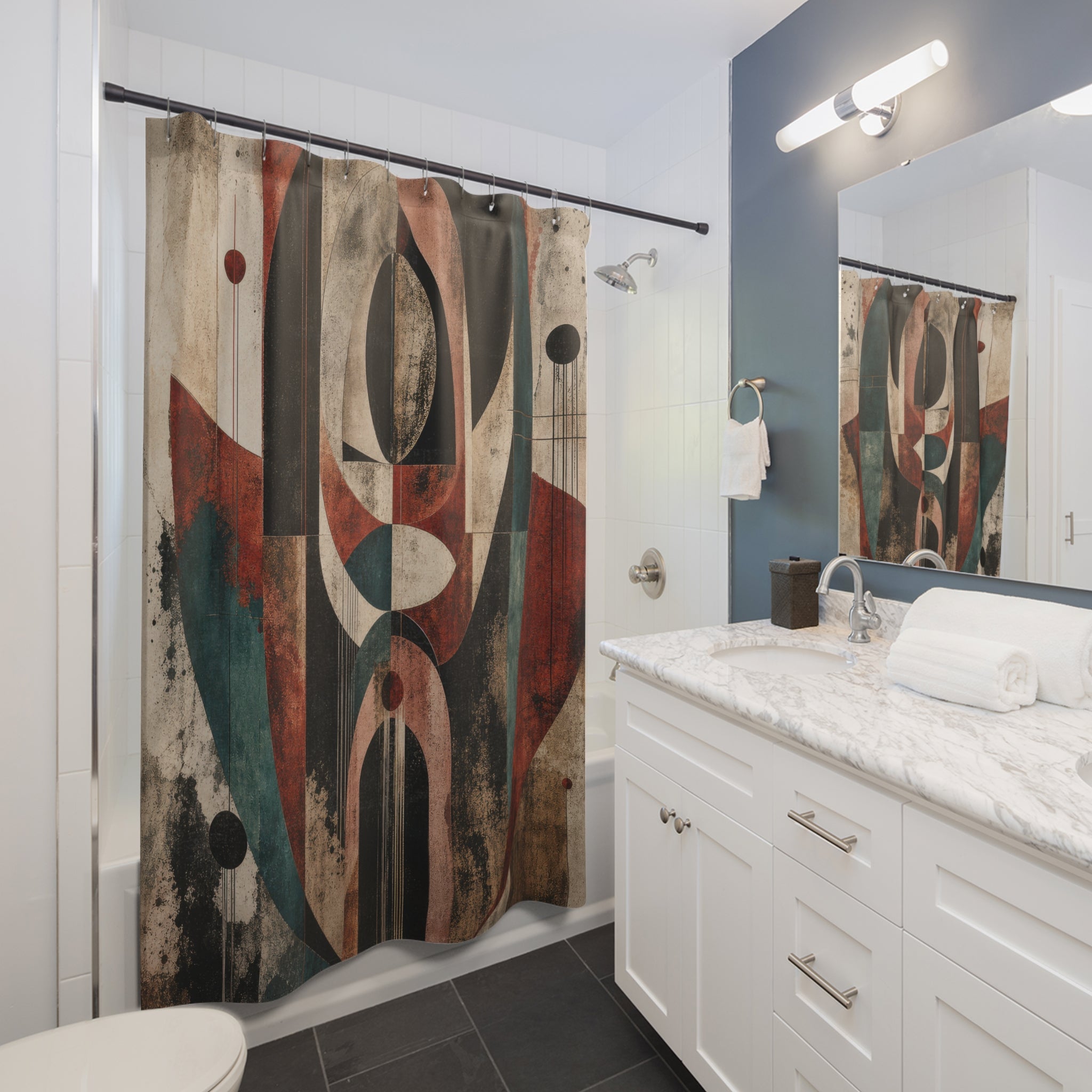 Geometric Shower Curtain, Art Deco Inspired Abstract Face, Rust Teal Black Bathroom Decor, Modern Graphic Bath Art, Boho Guest Bath