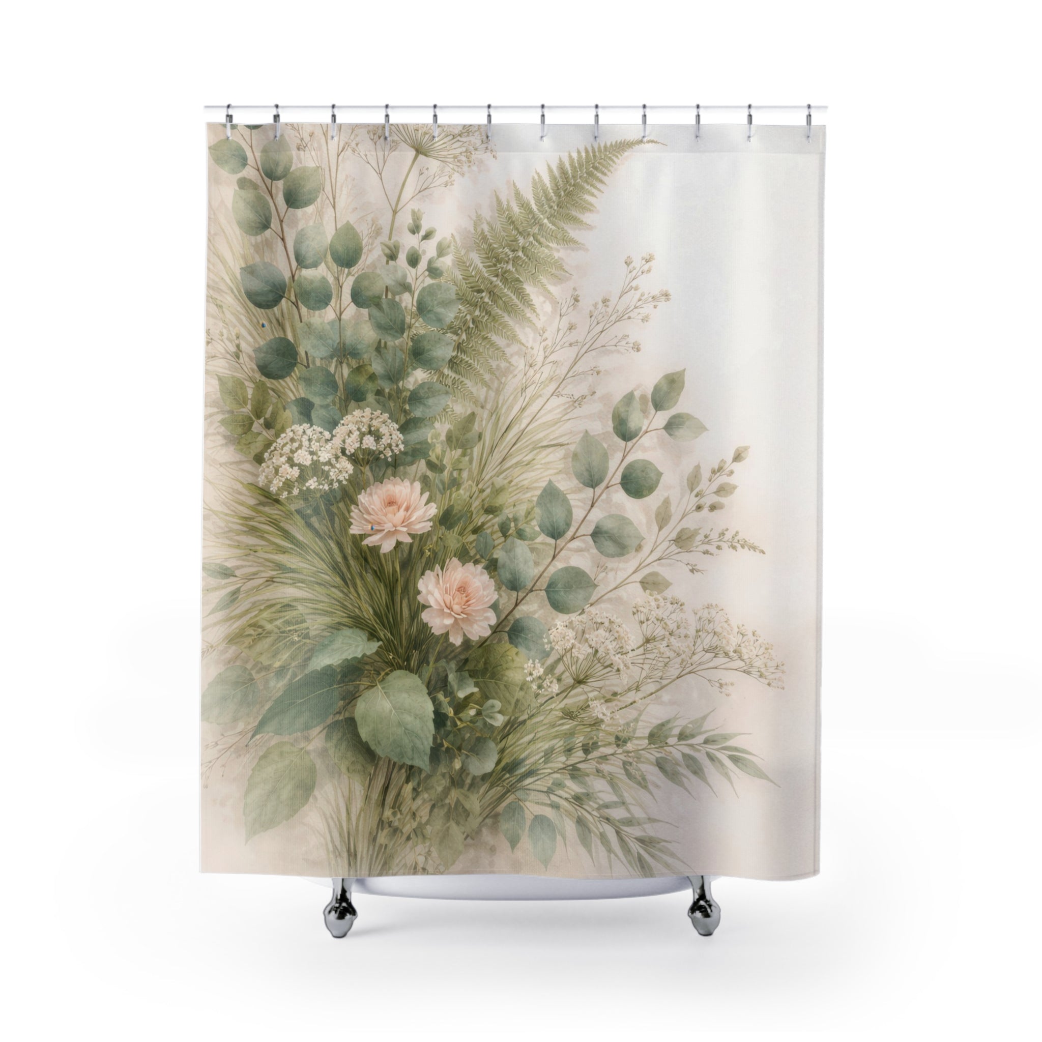 Botanical Rose Shower Curtain – Sage and Ivory