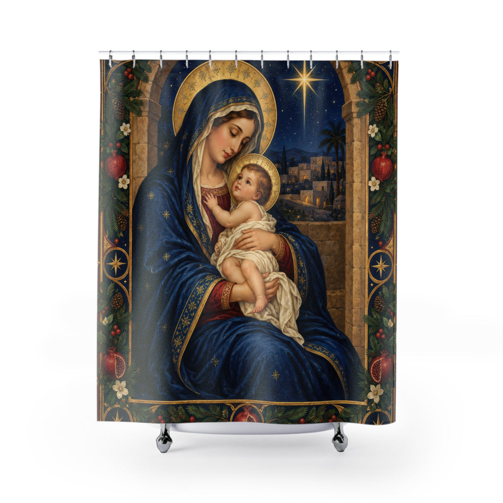 Virgin Mary and child beneath the Bethlehem star shower curtain with full front view