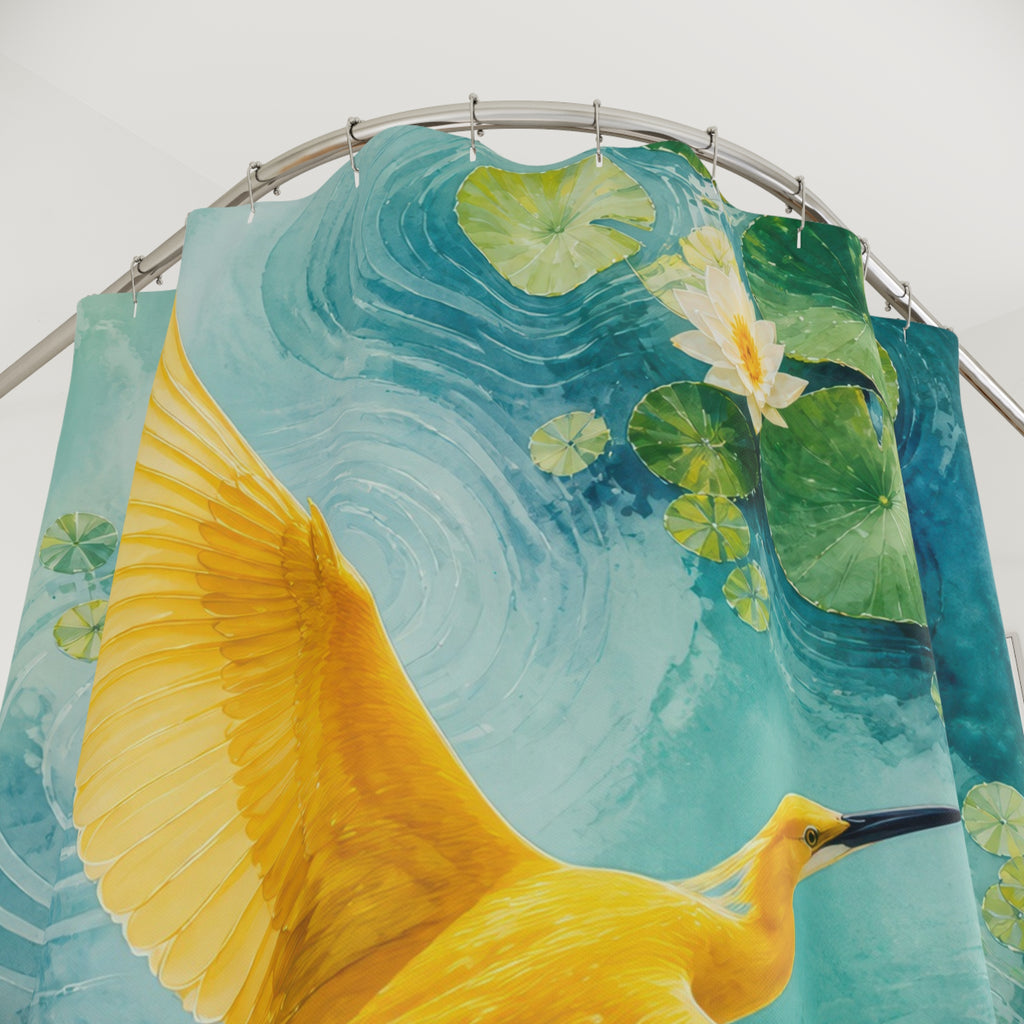 Marigold yellow bird over turquoise lily pads shower curtain with close-up print, hooks, and folds
