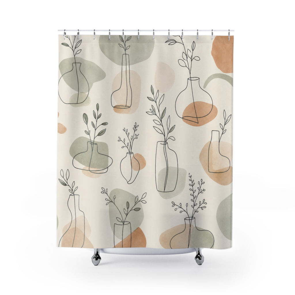 Botanical Shower Curtain, Minimal Vase Line Art Pattern, Beige Modern Bathroom Decor, Soft Neutral Guest Bath Apartment Style