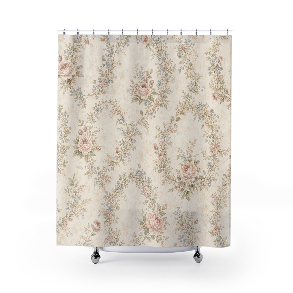 Pink Garland Lattice rose pattern shower curtain with full front view