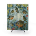 Colorful bluegill and sunfish circling beneath lily pads shower curtain with full front view