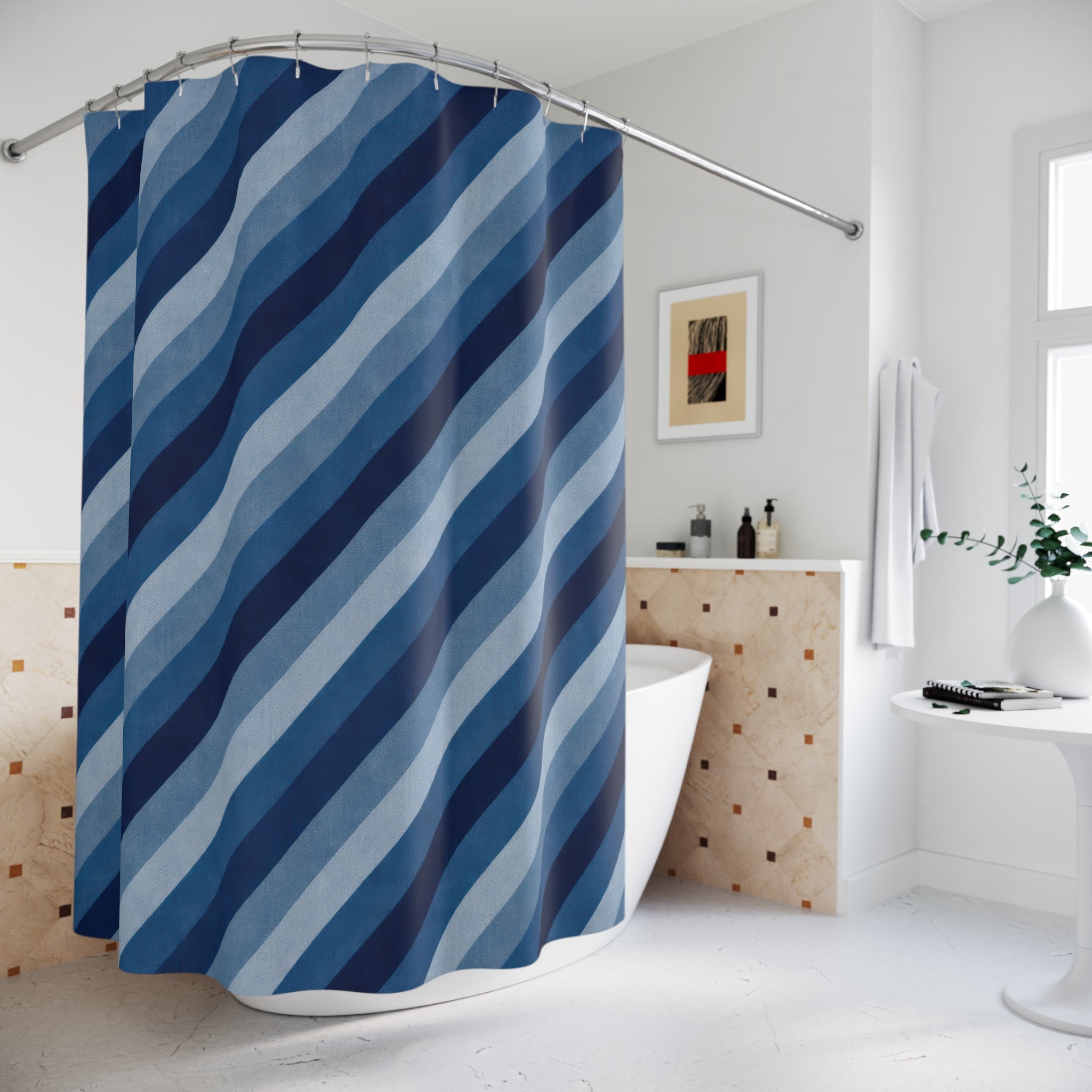 Navy Cobalt Diagonal Stripe Shower Curtain