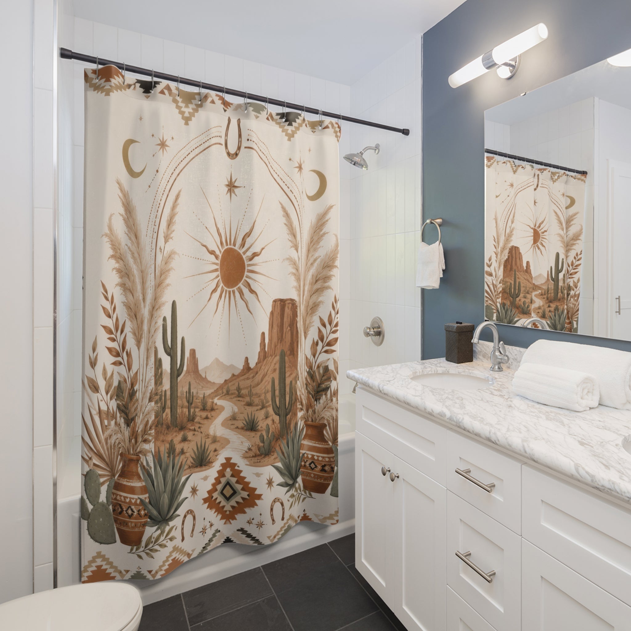 Western Boho Shower Curtain: Desert Cactus Sun Moon