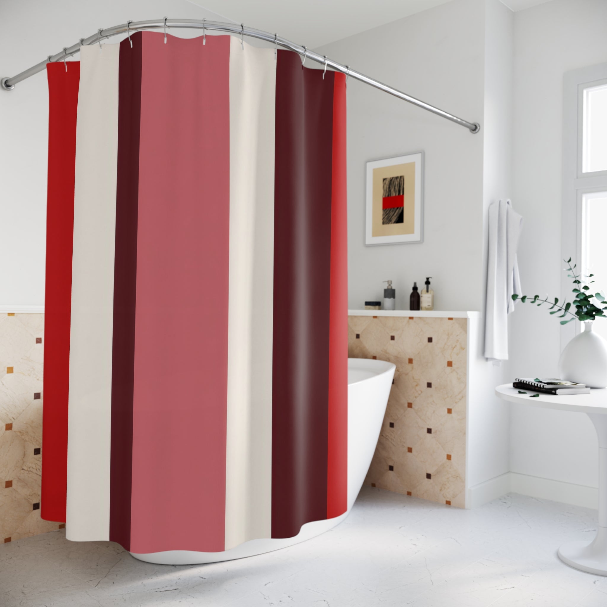 Bold Red Block Stripe Shower Curtain, Red Burgundy Modern Bathroom Decor, Modern Stripe Bath Curtain, Guest Bath Decor, Small Bathroom Decor