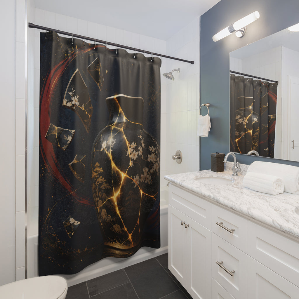 Japanese kintsugi vessel with gold cracks and indigo halo shower curtain beside a white vanity