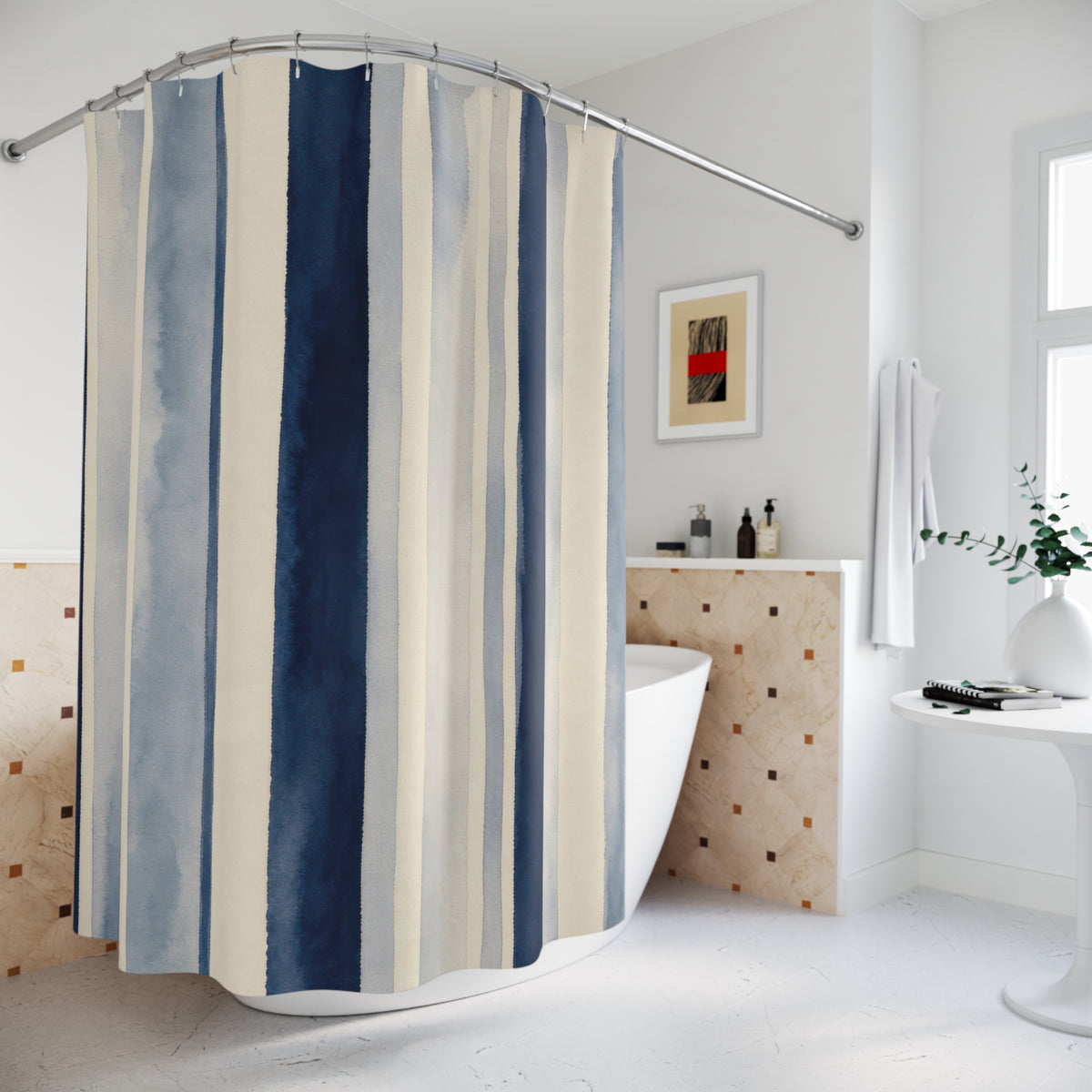 Pale Navy Cream Watercolor Stripe Shower Curtain