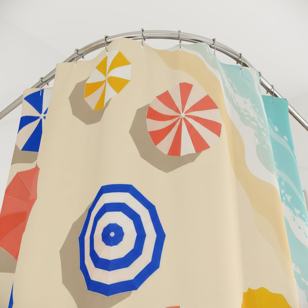 Close-up of Colorful beach umbrellas beside pale aqua surf shower curtain with hooks and folds