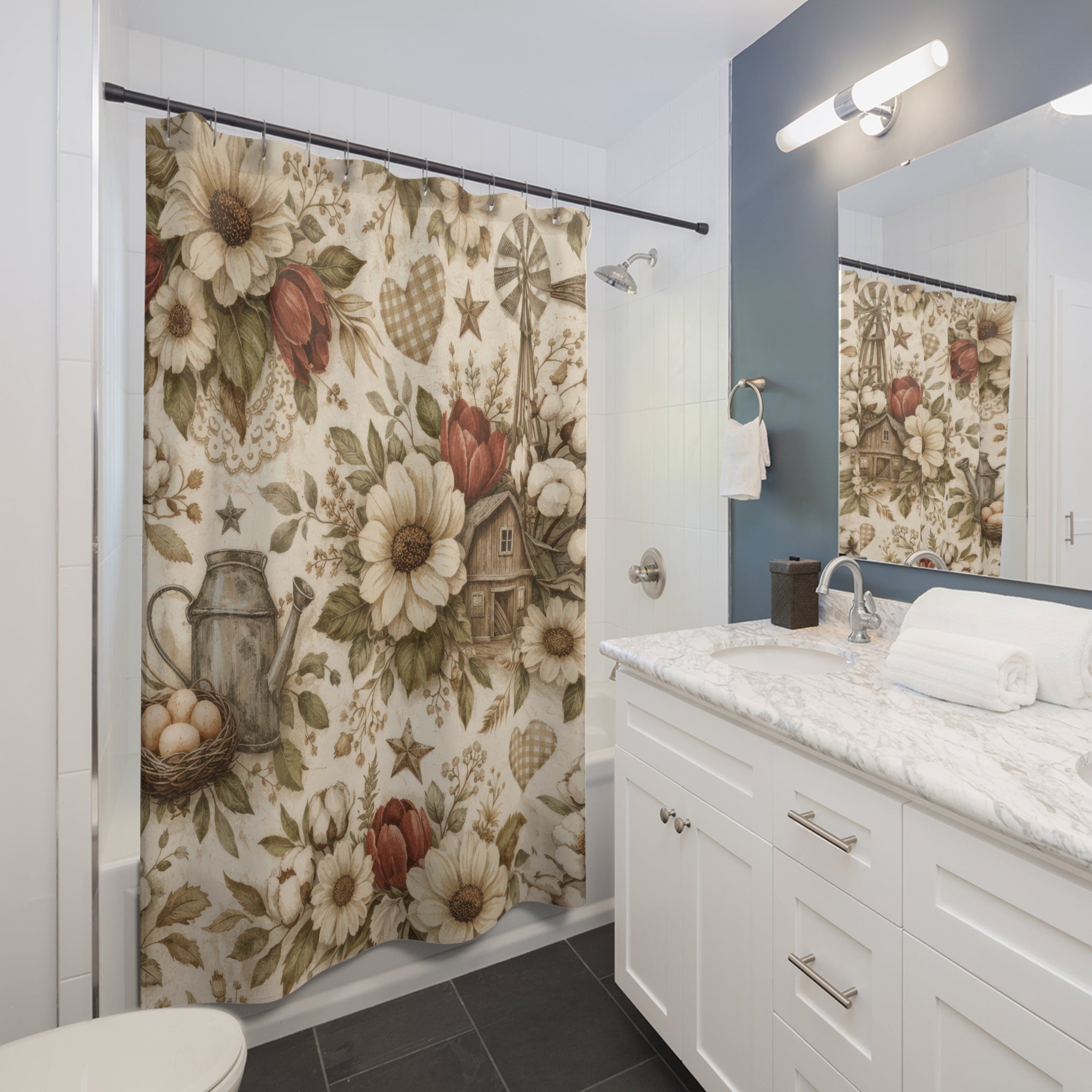 Farmhouse Floral Shower Curtain — Cream and Red