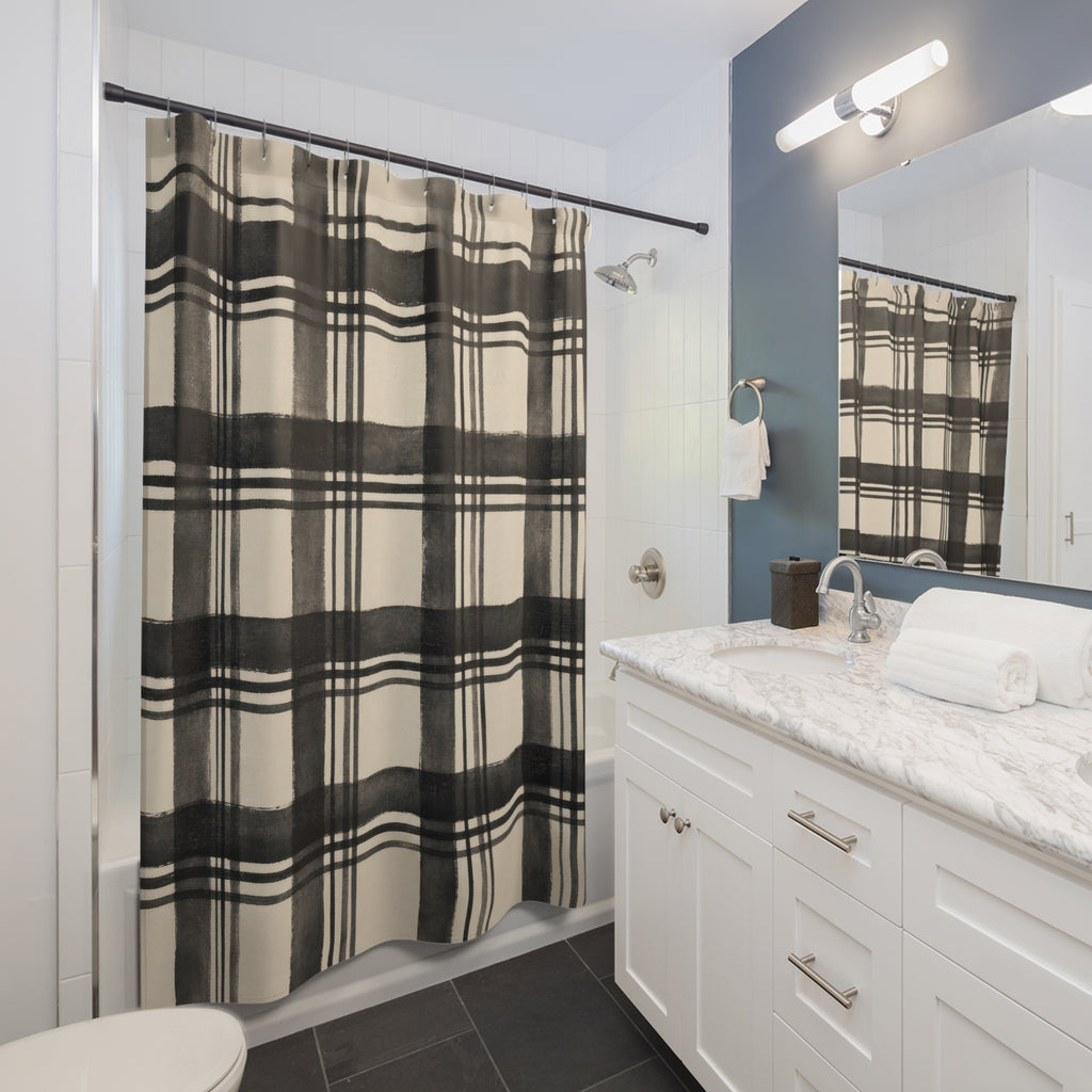 Black Cream Farmhouse Check Shower Curtain