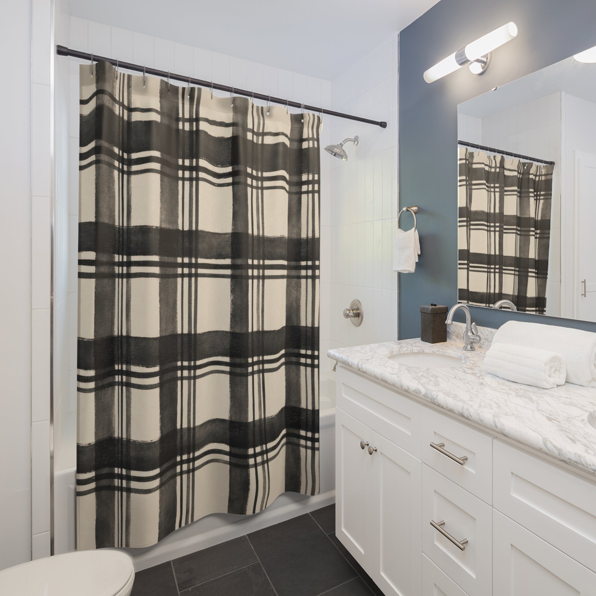 Black Cream Farmhouse Check Shower Curtain