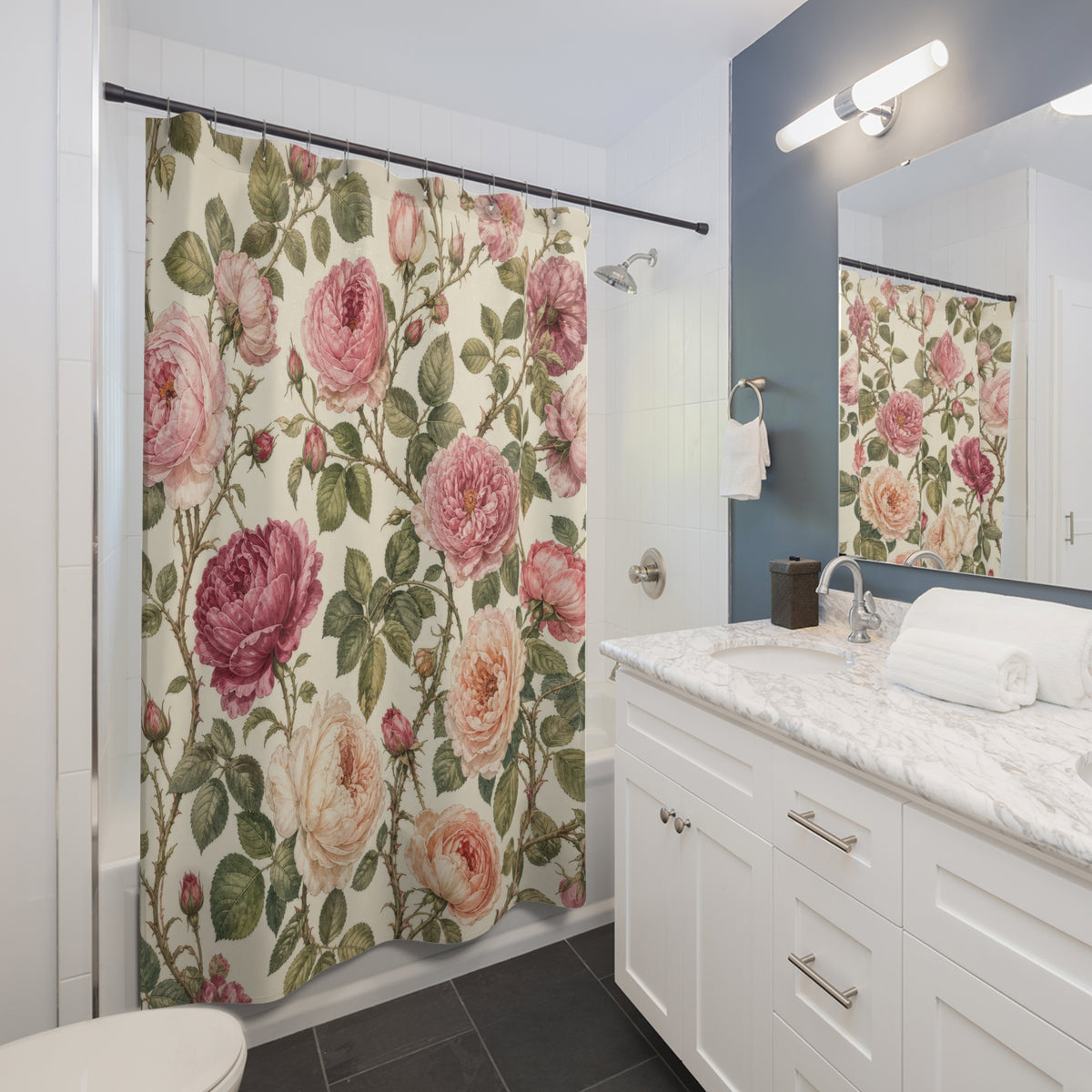 Vintage Pink Floral Botanical rose shower curtain beside a white vanity