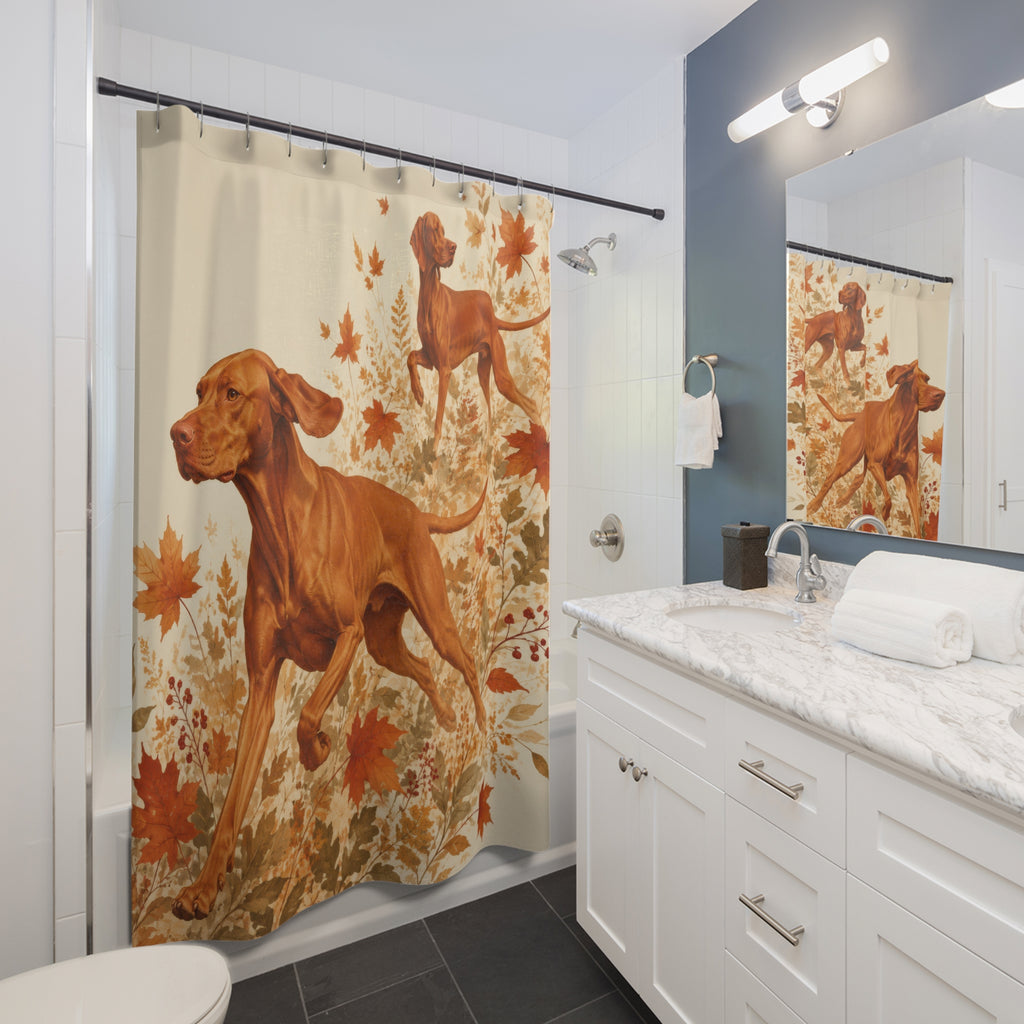 Autumn leaves Vizsla pair shower curtain beside a white vanity