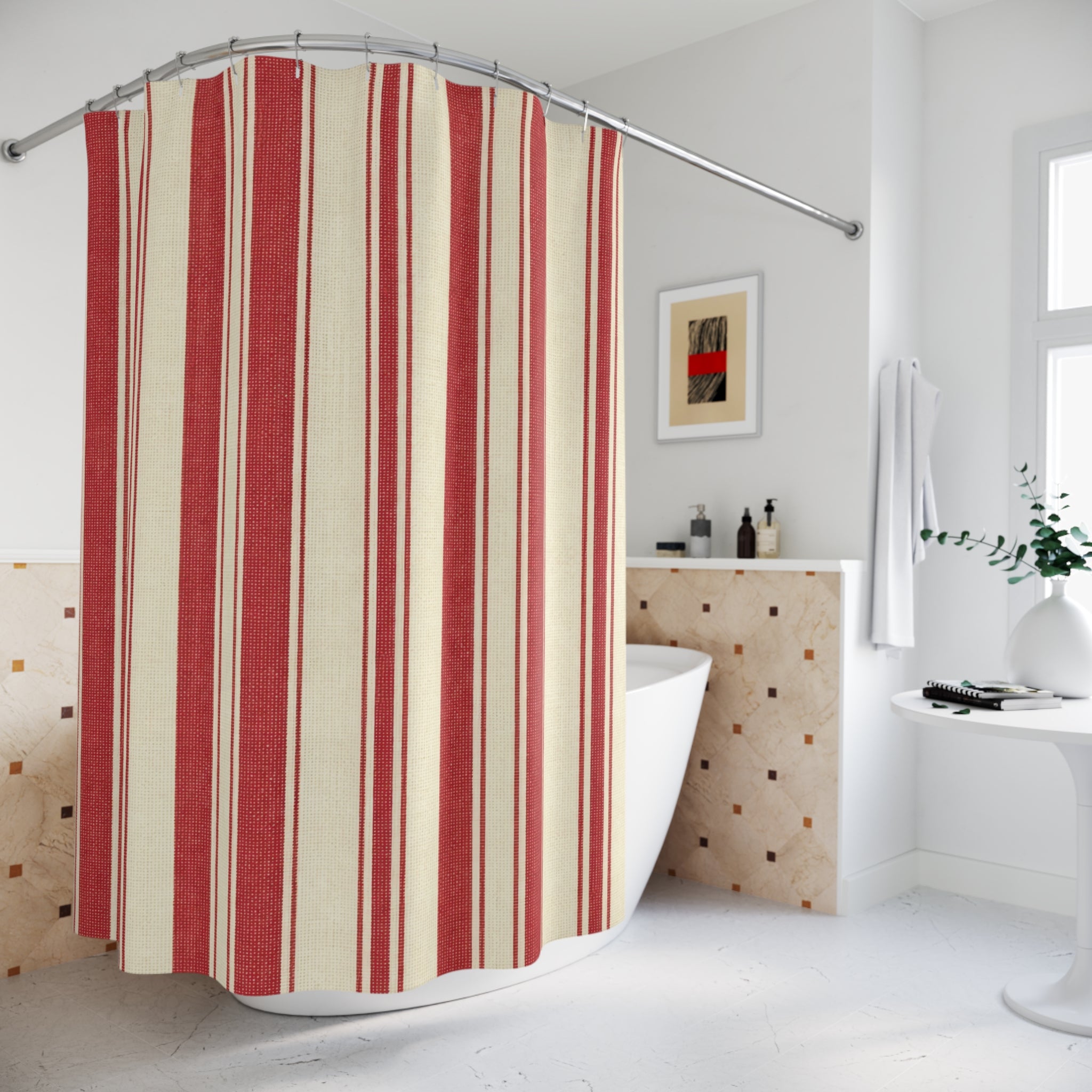 Red and White Picnic Stripe Shower Curtain: Vintage Americana