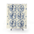 Blue snowman toile vignettes and snowflakes on ivory shower curtain with full front view